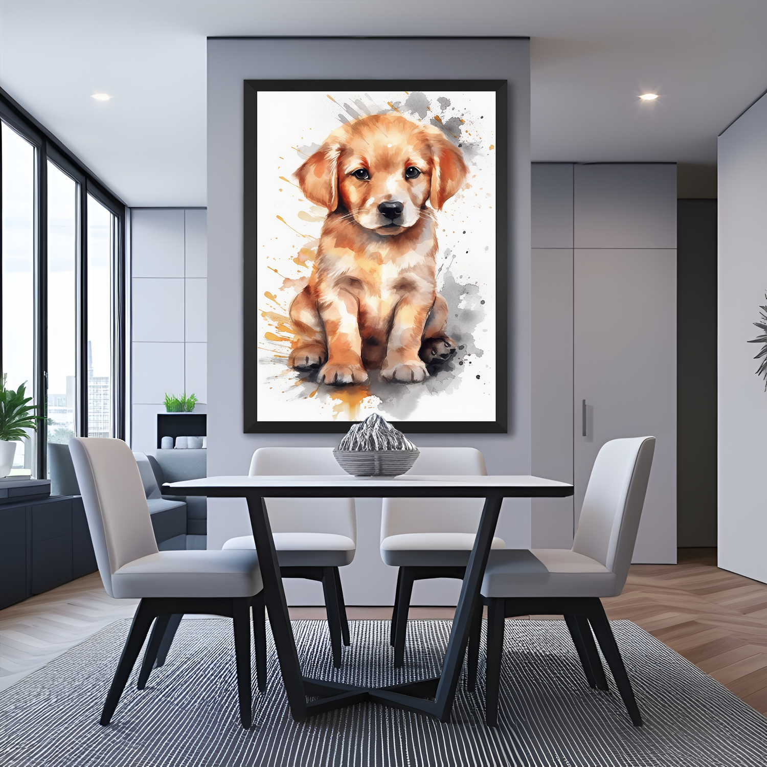 Adorable puppy canvas print with black floater frame, ideal for heartwarming and stylish home wall decor