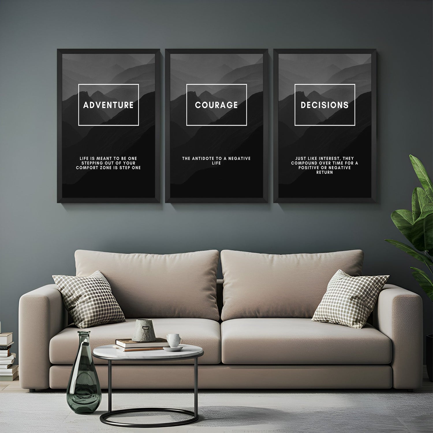 Set of 3 canvas prints featuring Adventure, Courage, and Decisions with definitions – bold typography wall art for home, office, or workspace decor
