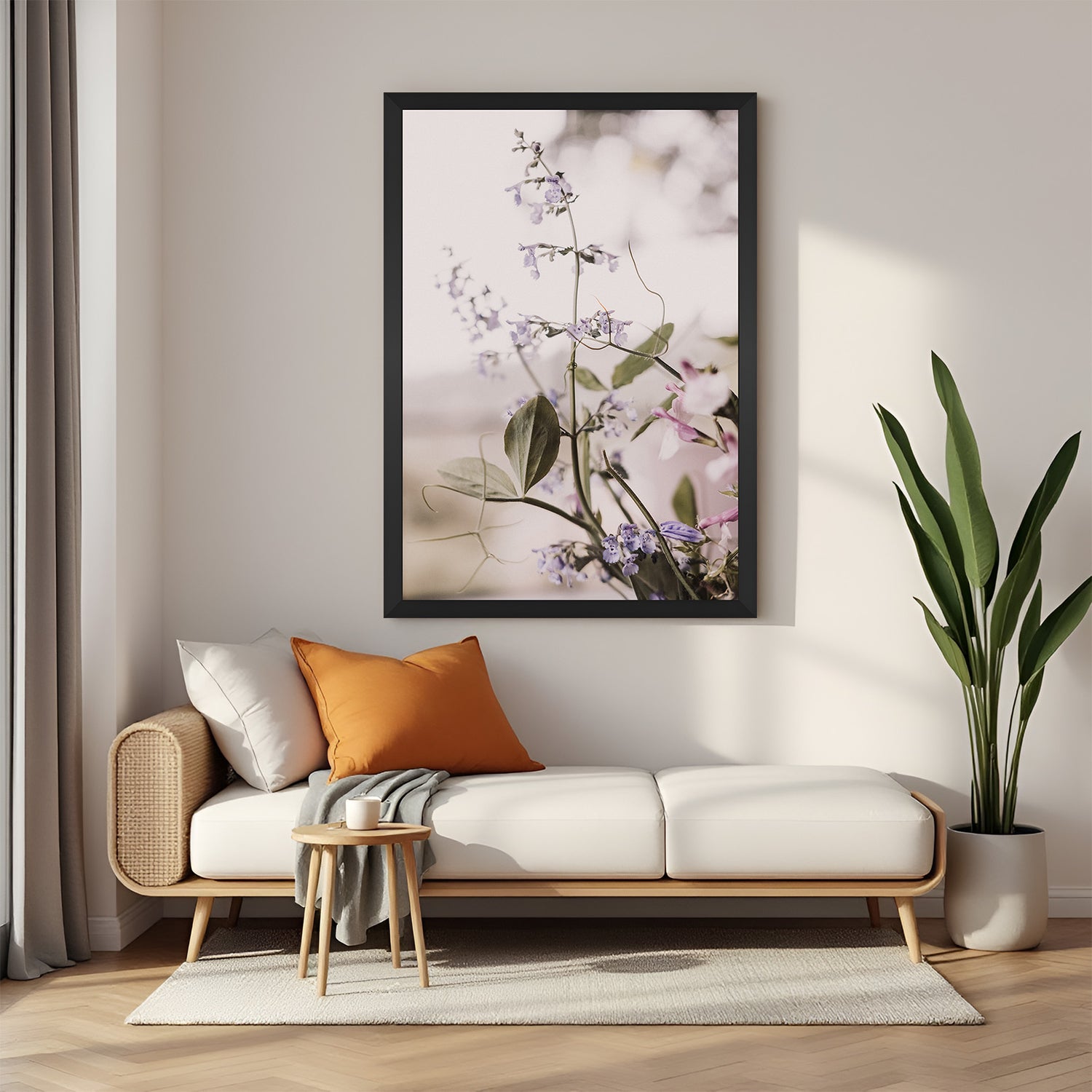 Framed canvas print of a beautiful plant design with black floater frame, ideal for sleek and contemporary decor settings