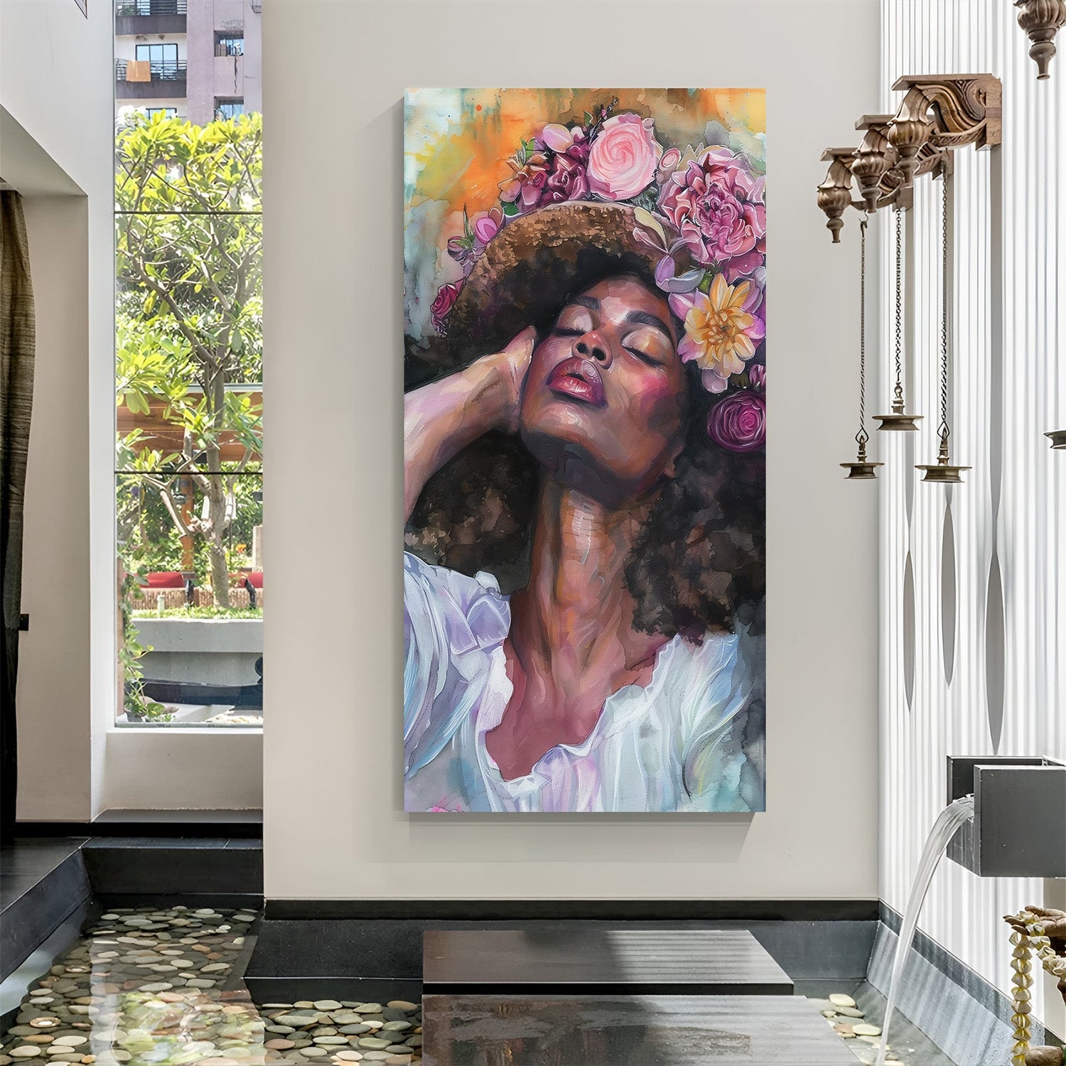 Canvas wall art where the shape of Africa is designed as a hat covered with flowers, combining cultural symbolism and artistic beauty