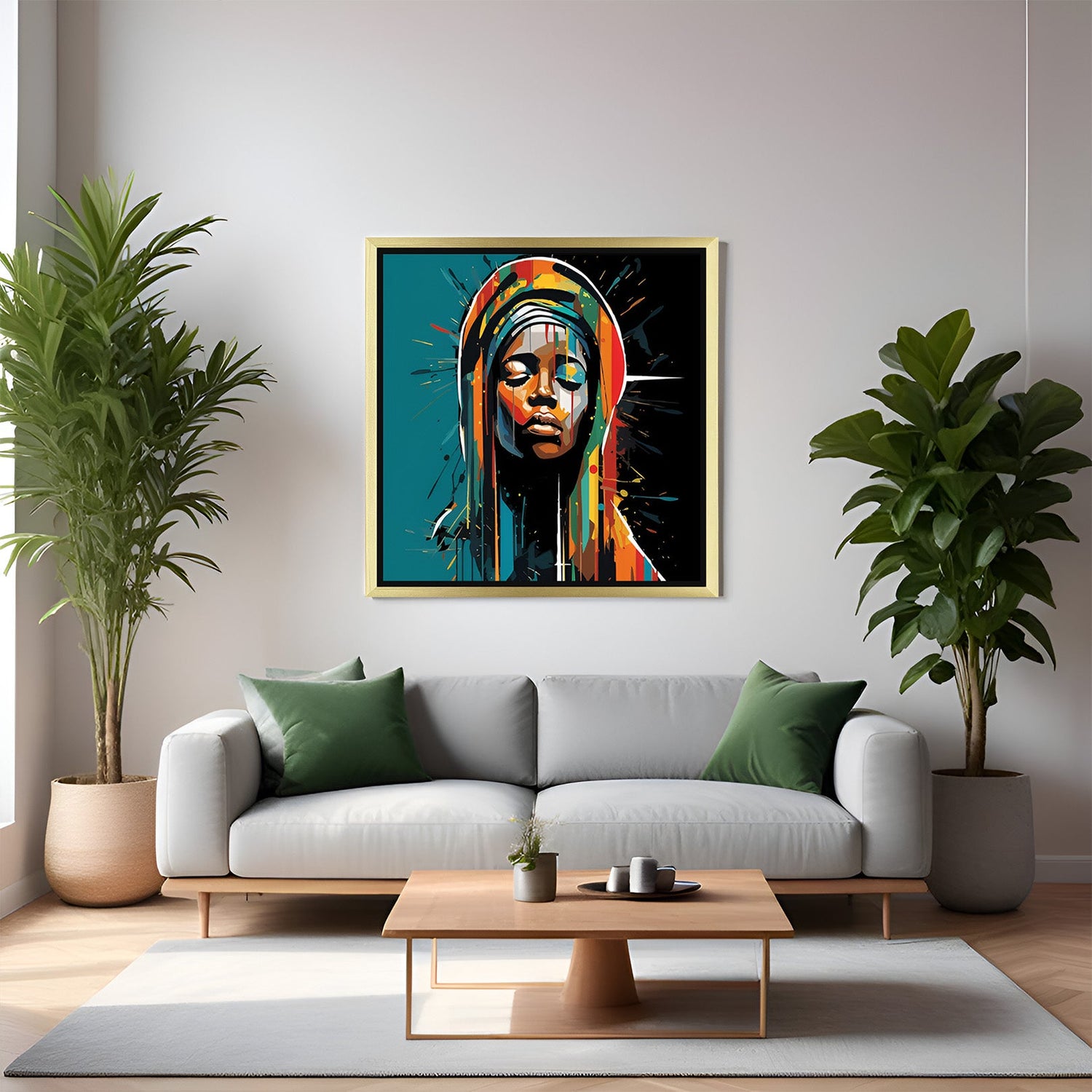 Golden-framed canvas wall art of African girl with closed eyes in a calm animated style, ideal for soft, soulful, and Afro-inspired interiors