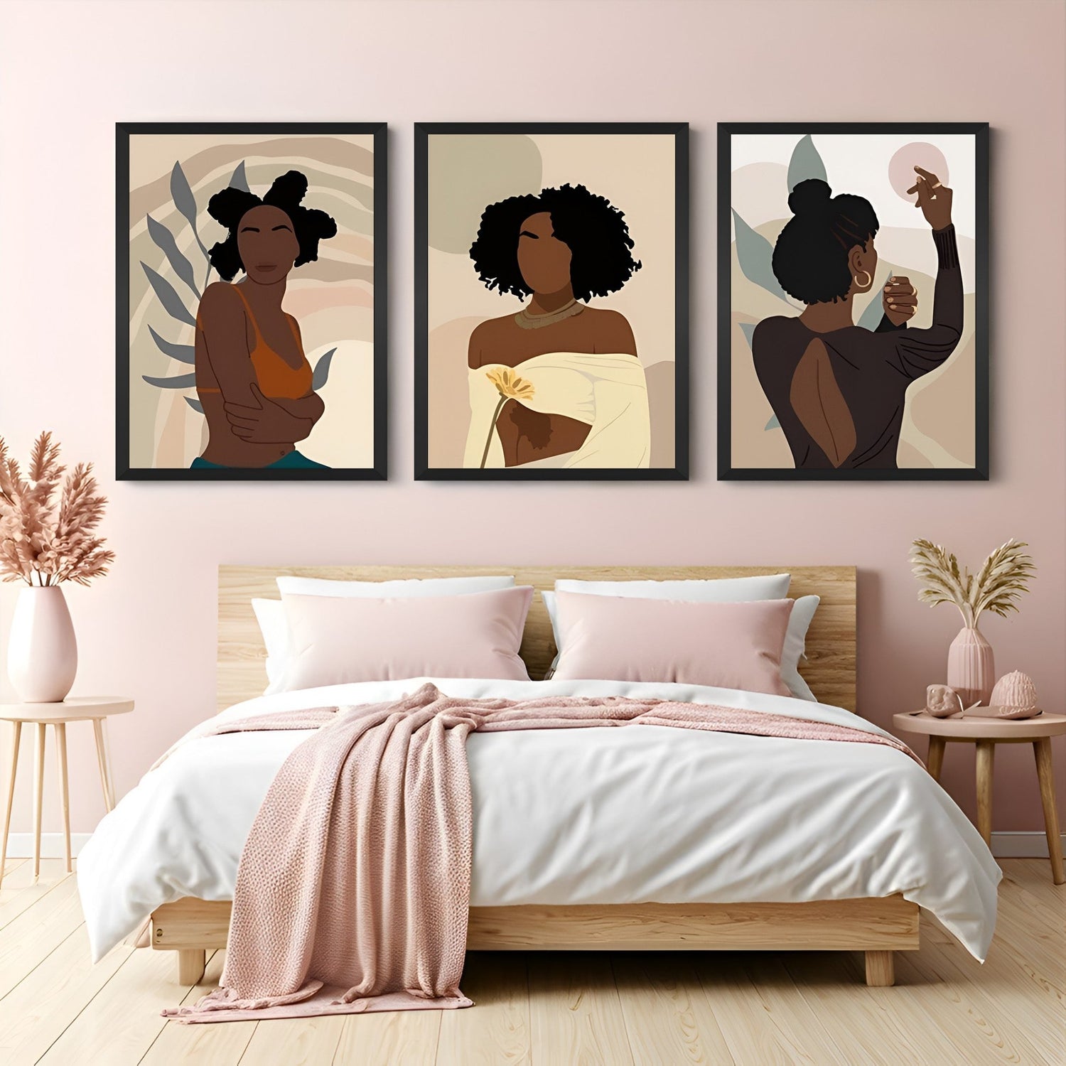 Elegant African boho wall art set of 3 with tribal-style female portraits in earthy tones – perfect canvas prints for bohemian and ethnic-inspired home decor