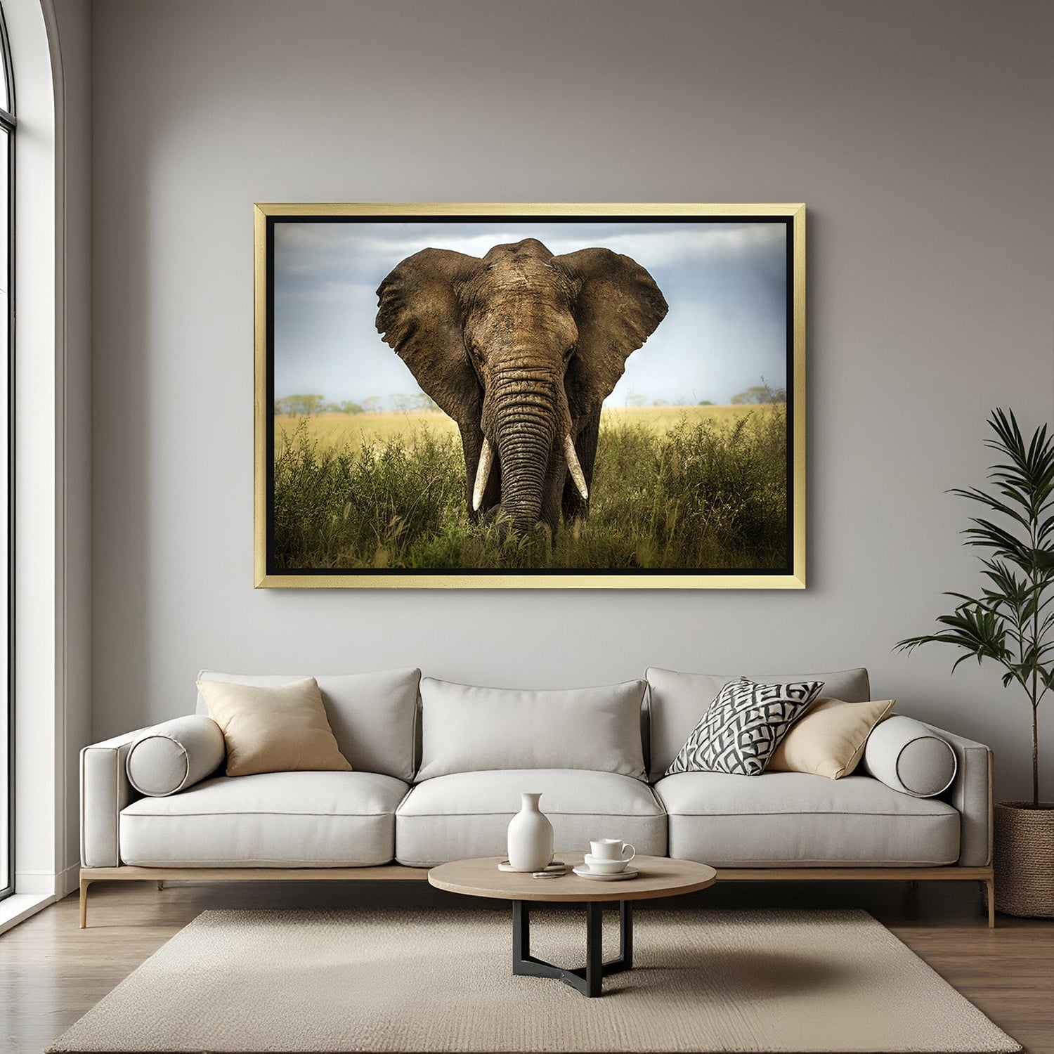 African elephant artwork in golden frame, rich earthy tones and painted detail perfect for luxury nature-themed or safari decor