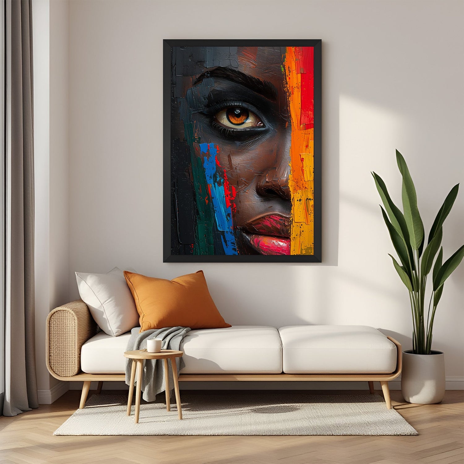 Framed canvas of a zoomed-in African female face with soft brushwork and deep features, black floater frame for a sleek, bold look