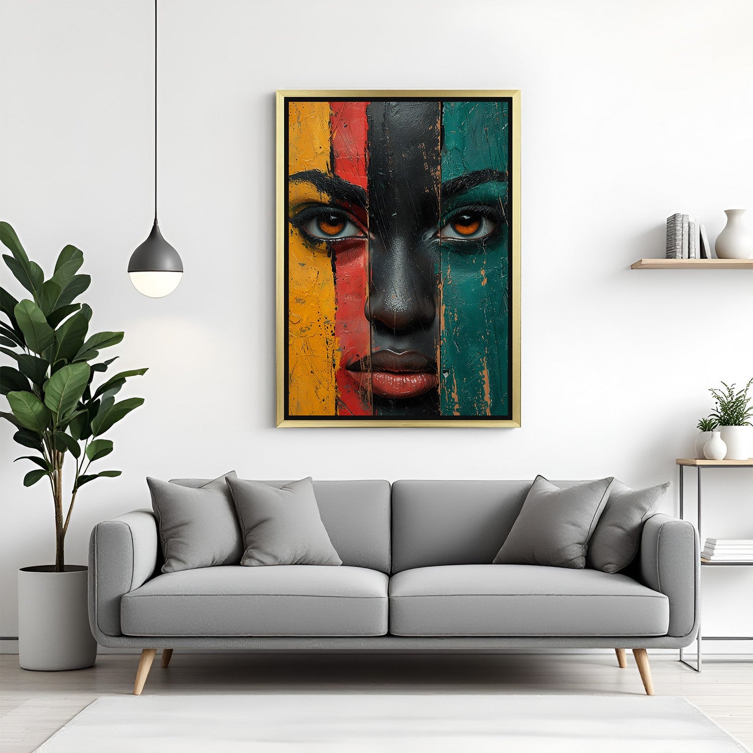 Golden-framed canvas art of African girl with painted face in Pan-African colors—yellow, red, black, and green—perfect for bold ethnic decor