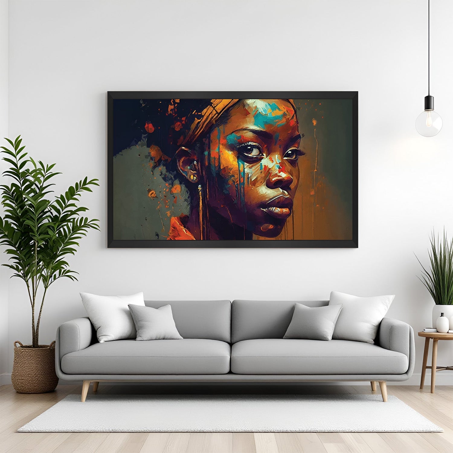Framed canvas of African girl with artistic paint splashes in bold colors, black floater frame, perfect for statement walls and modern decor