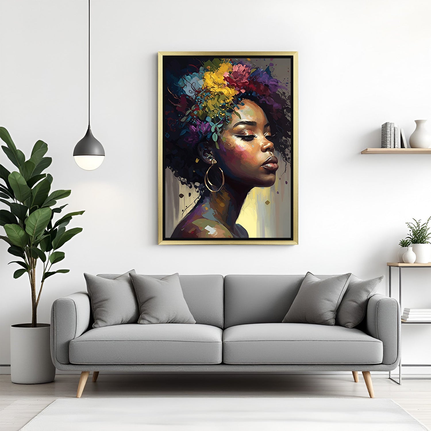 Golden-framed canvas artwork of a young African woman’s side face, painted in warm tones, designed for stylish and Afrocentric spaces