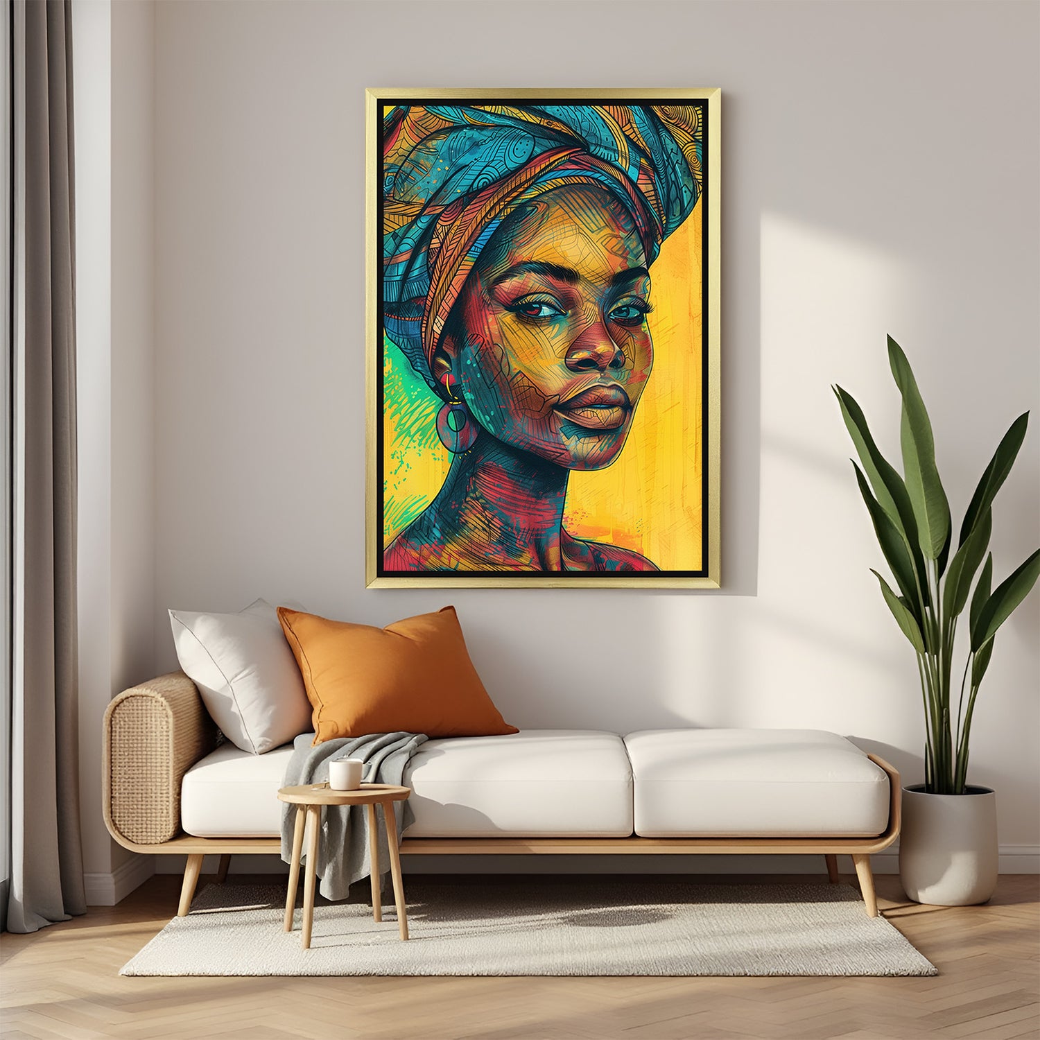 Golden-framed canvas print of African girl in turban, designed in cultural painting style, perfect for Afro-style or heritage-themed decor