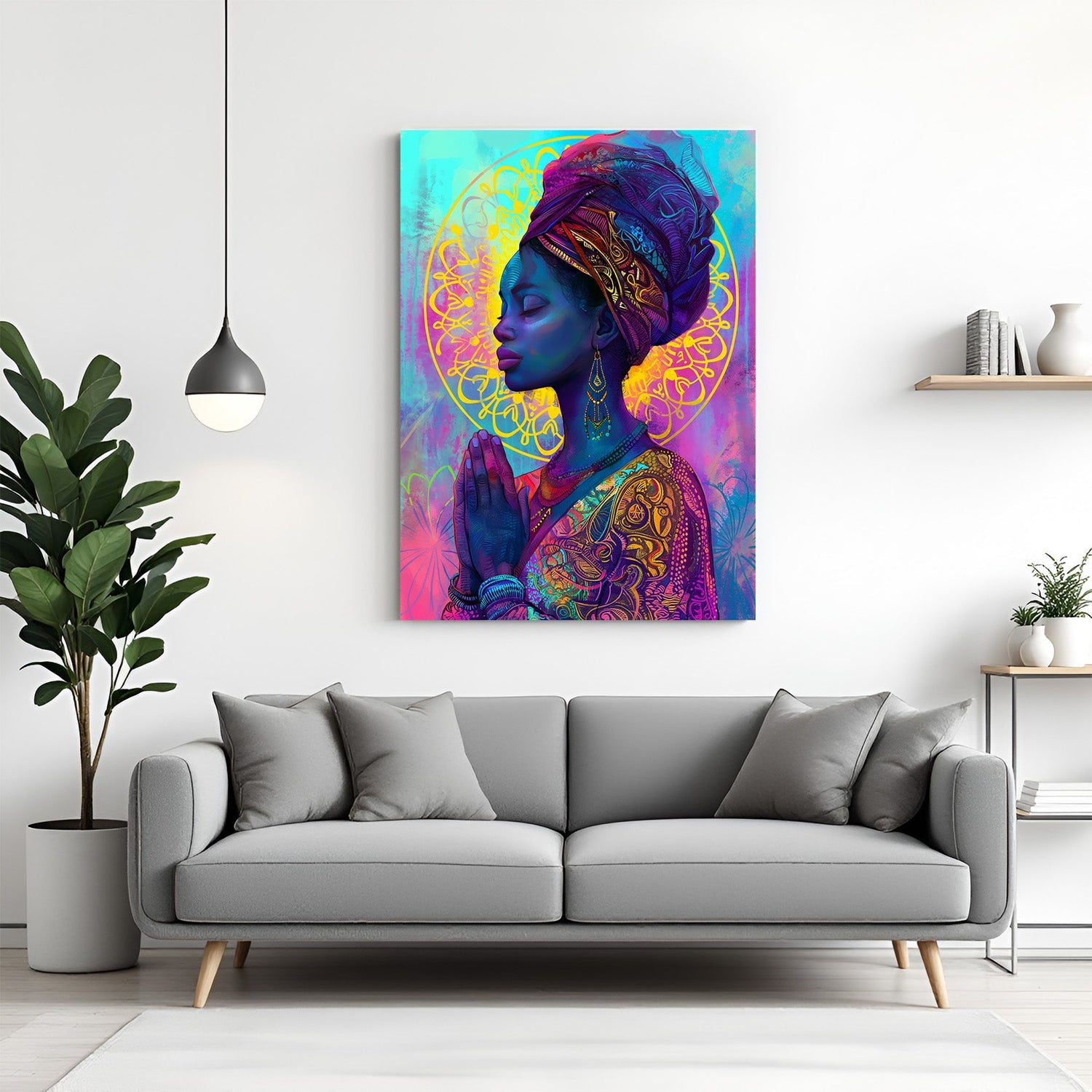 Canvas wall art of an African girl praying with a glowing magical background, perfect for spiritual and peaceful home or office decor