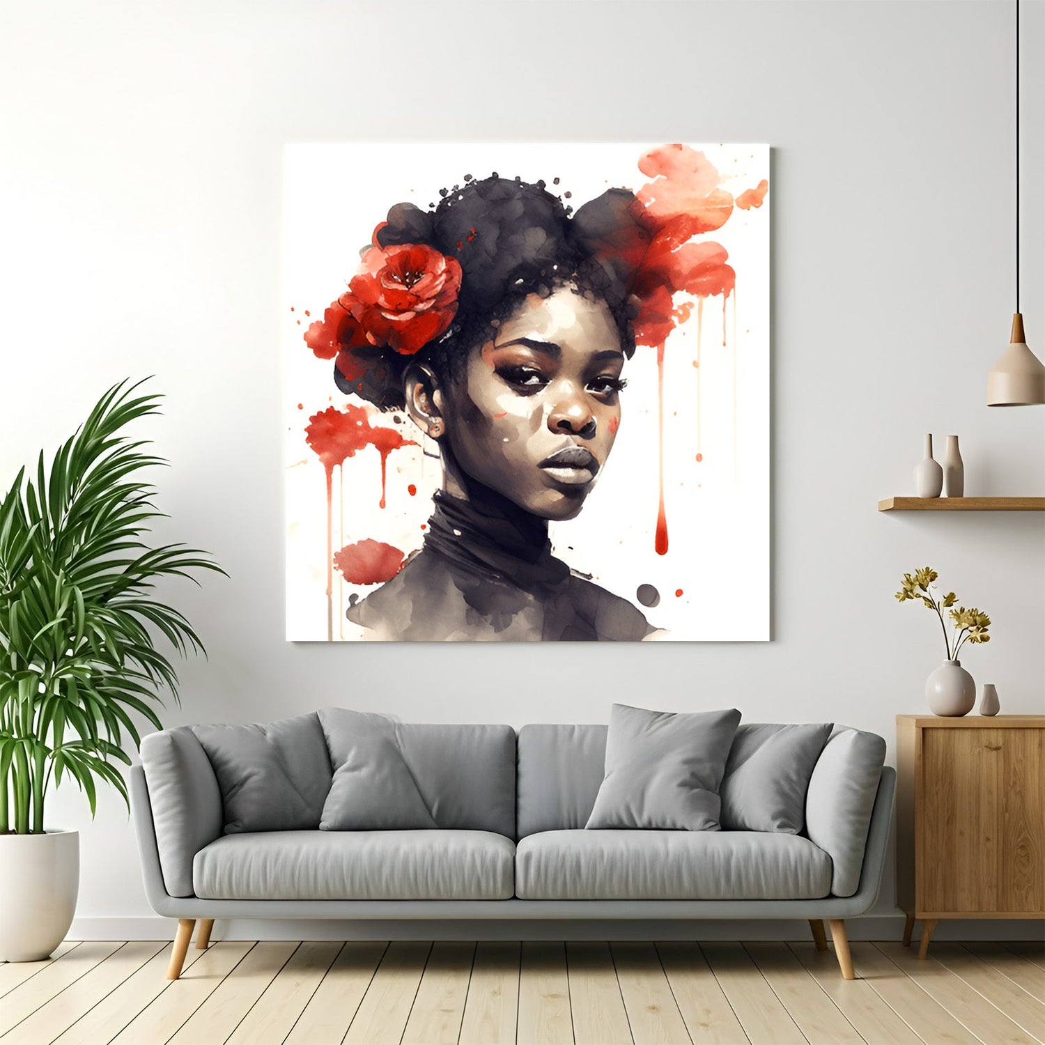 Canvas wall art of an African girl painted in soft watercolor style on white background, perfect for minimal and serene interiors