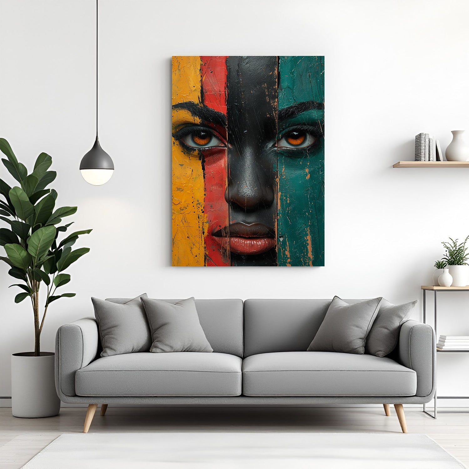 Canvas wall art of an African girl's face painted in four vertical blocks of yellow, red, black, and green—ideal for Afrocentric and artistic interiors