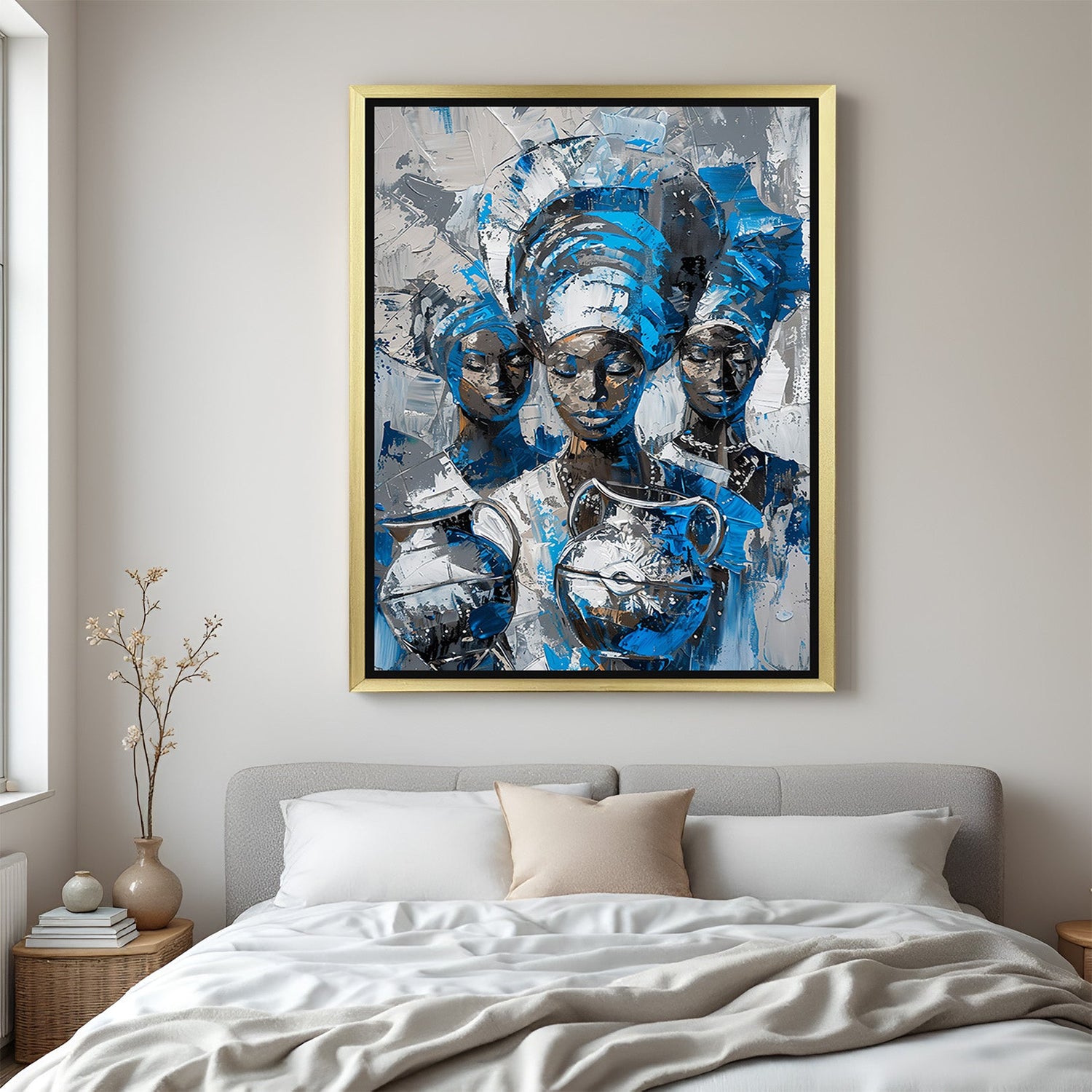 Golden-framed wall art featuring African tribal group in blue and white painted style, perfect for ethnic and gallery-style decor