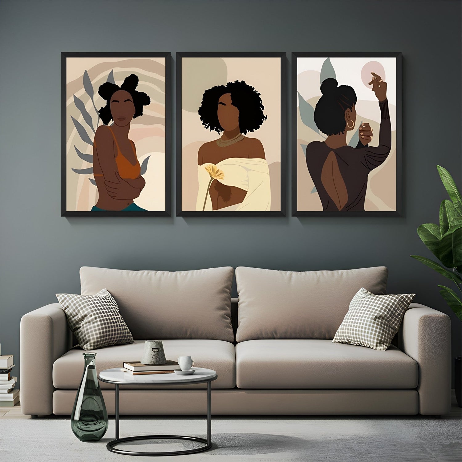 Set of 3 bohemian wall art prints with African-style lady portraits in tribal dress – perfect canvas decor for ethnic and modern boho homes