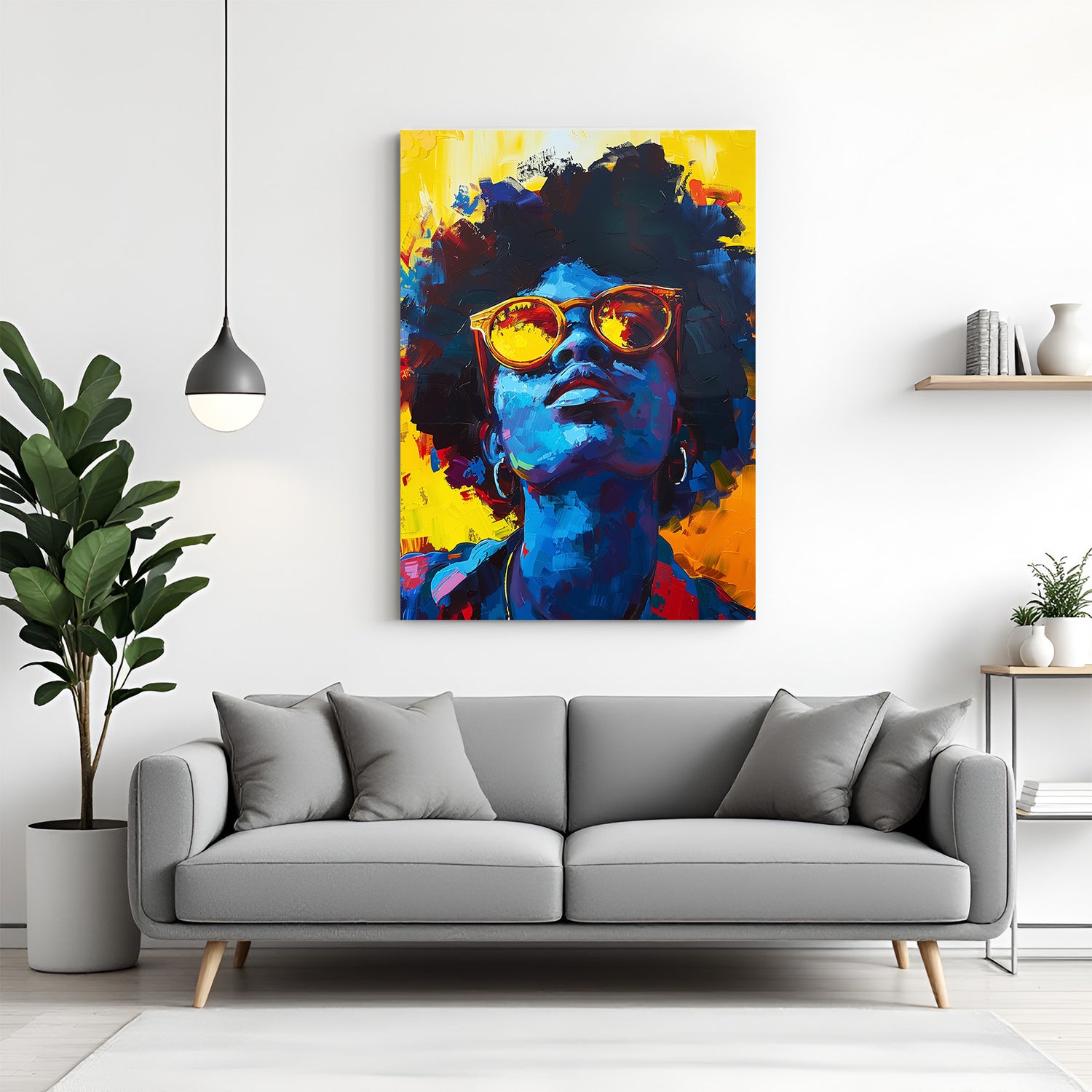 Canvas wall art featuring a modern African portrait of a person with voluminous hair and sunglasses, perfect for bold and stylish home decor