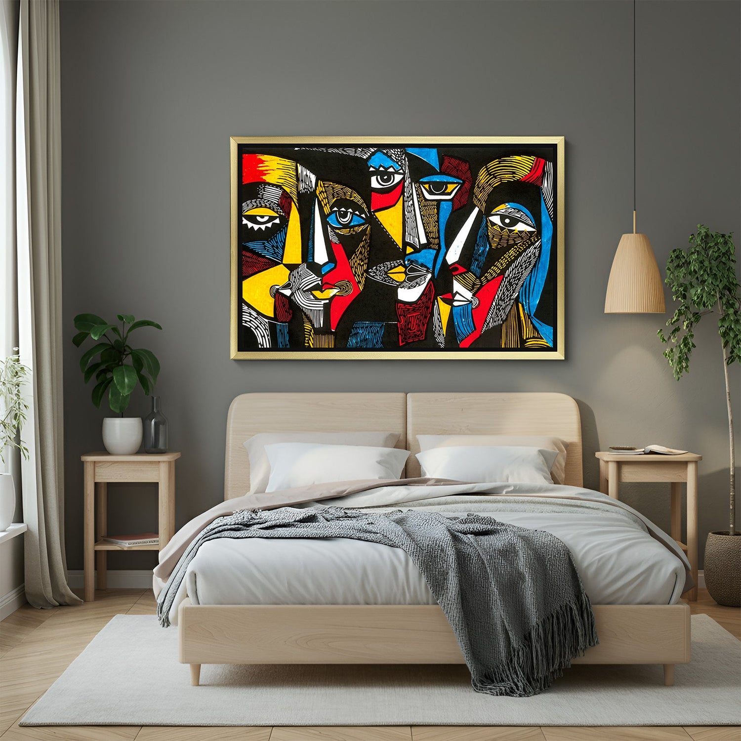 Golden-framed canvas of a tribal group in African attire, artistically illustrated for rich, Afrocentric wall decor