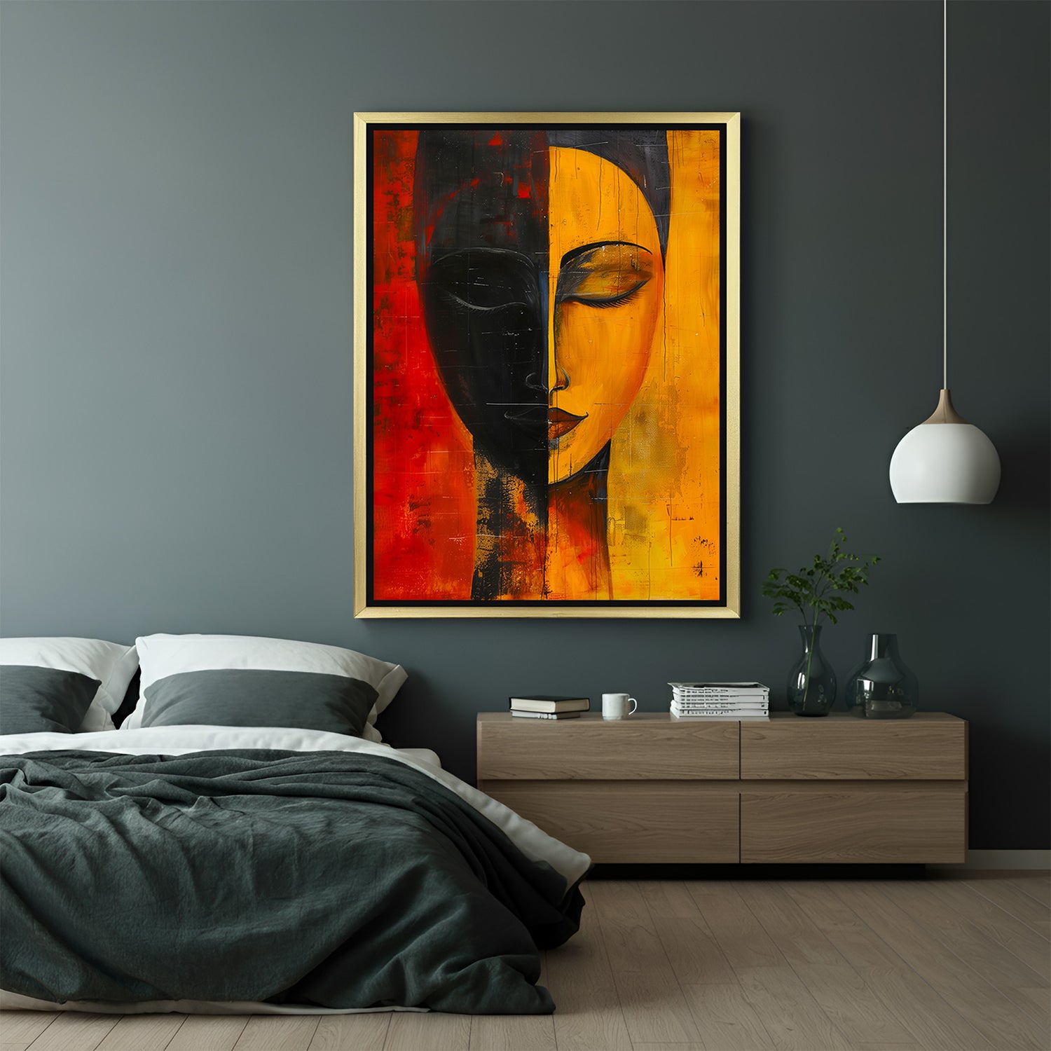 Golden-framed canvas wall art of African tribal face in mixed yellow-orange and black tones, ideal for powerful Afro-style spaces
