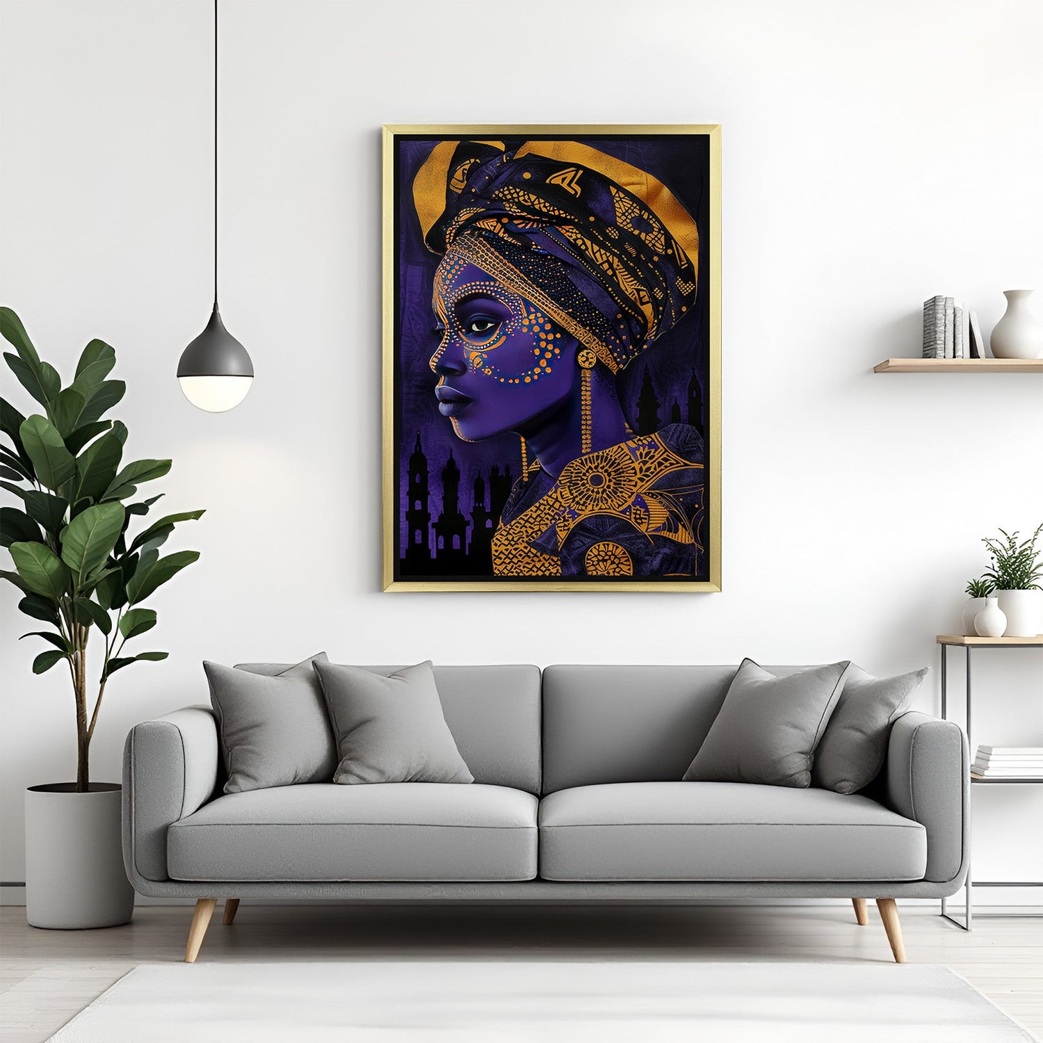 Golden-framed large wall art of a girl with purple tribal makeup, designed for striking and artistic interior decoration