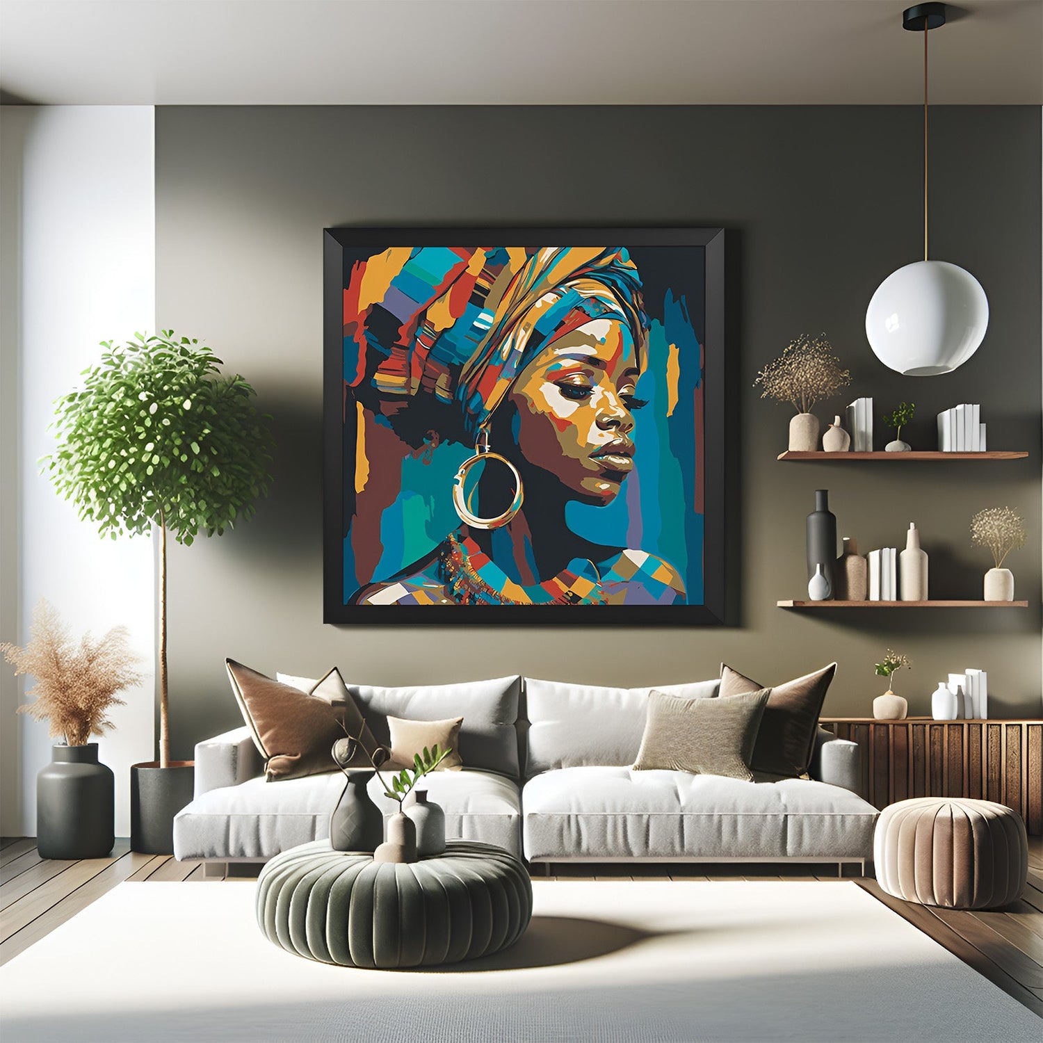 Framed abstract portrait of an African girl with traditional headwear and bold earrings, black floater frame perfect for modern interiors