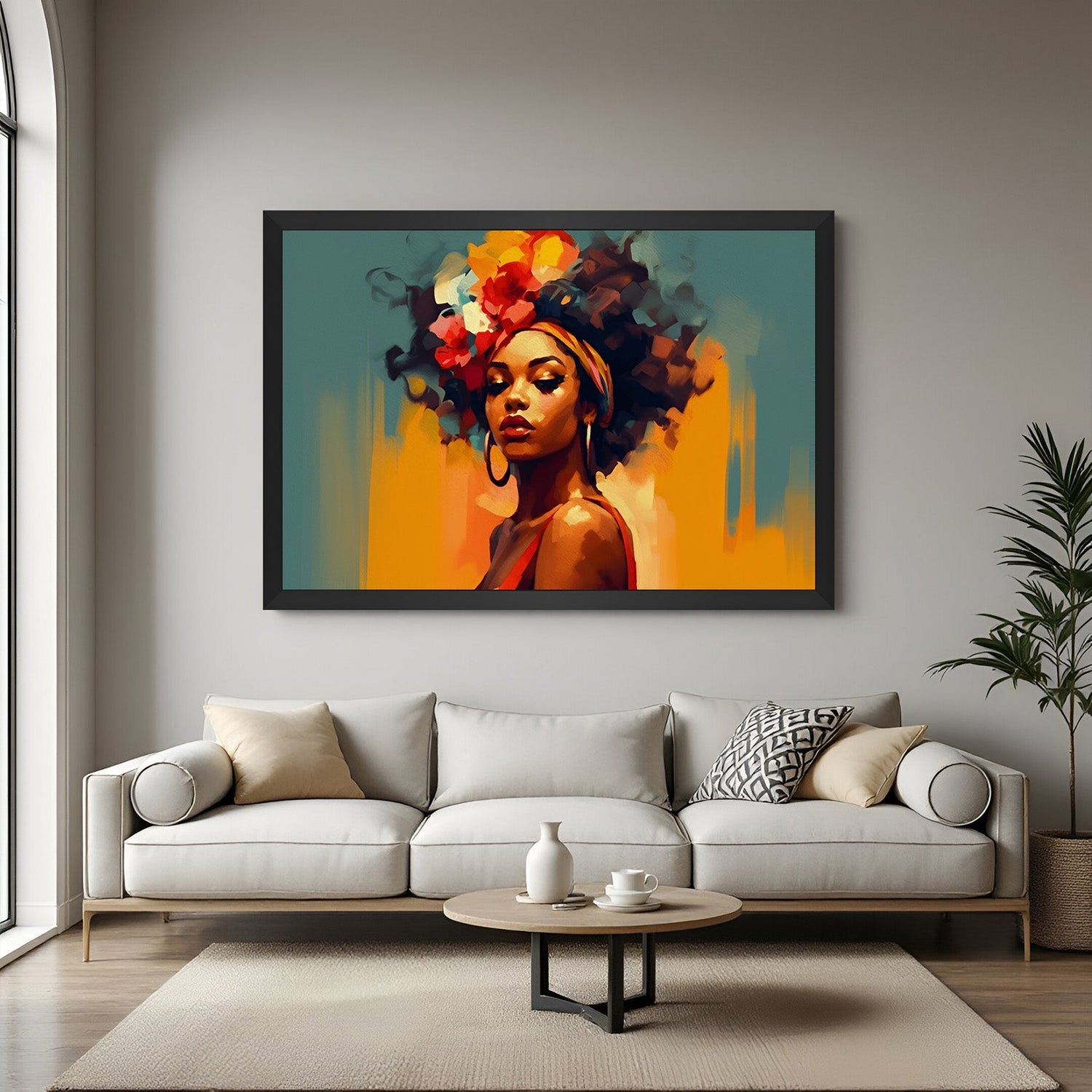 Canvas wall art of African woman’s face in black floater frame with modern abstract design