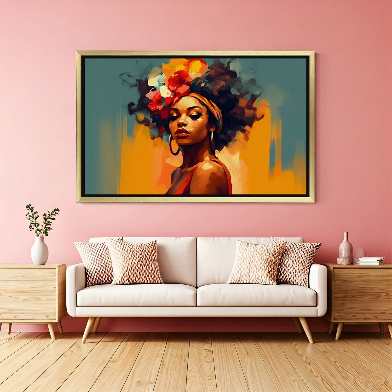 Modern abstract African woman face art in golden floater frame for home decor