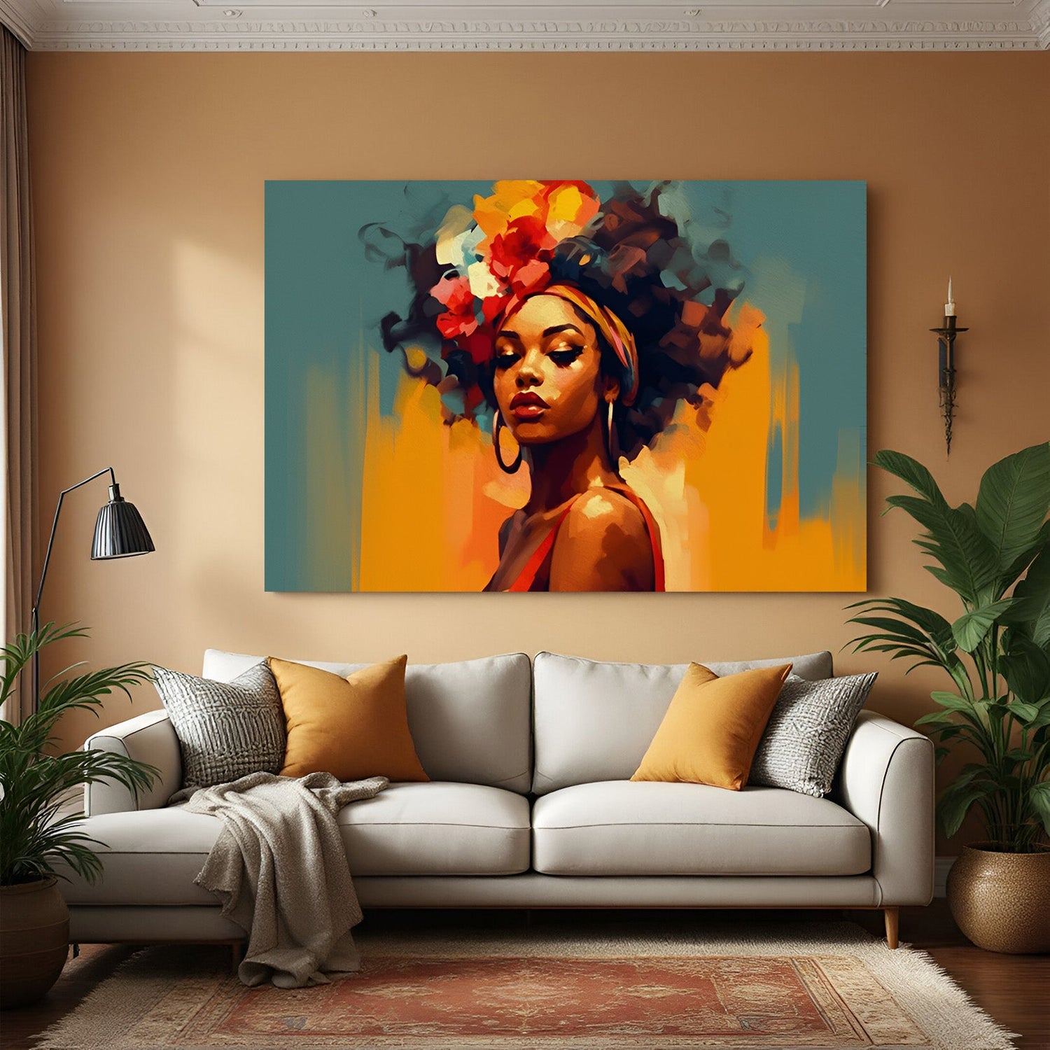 Modern abstract wall art of a beautiful African woman’s face in colorful tones