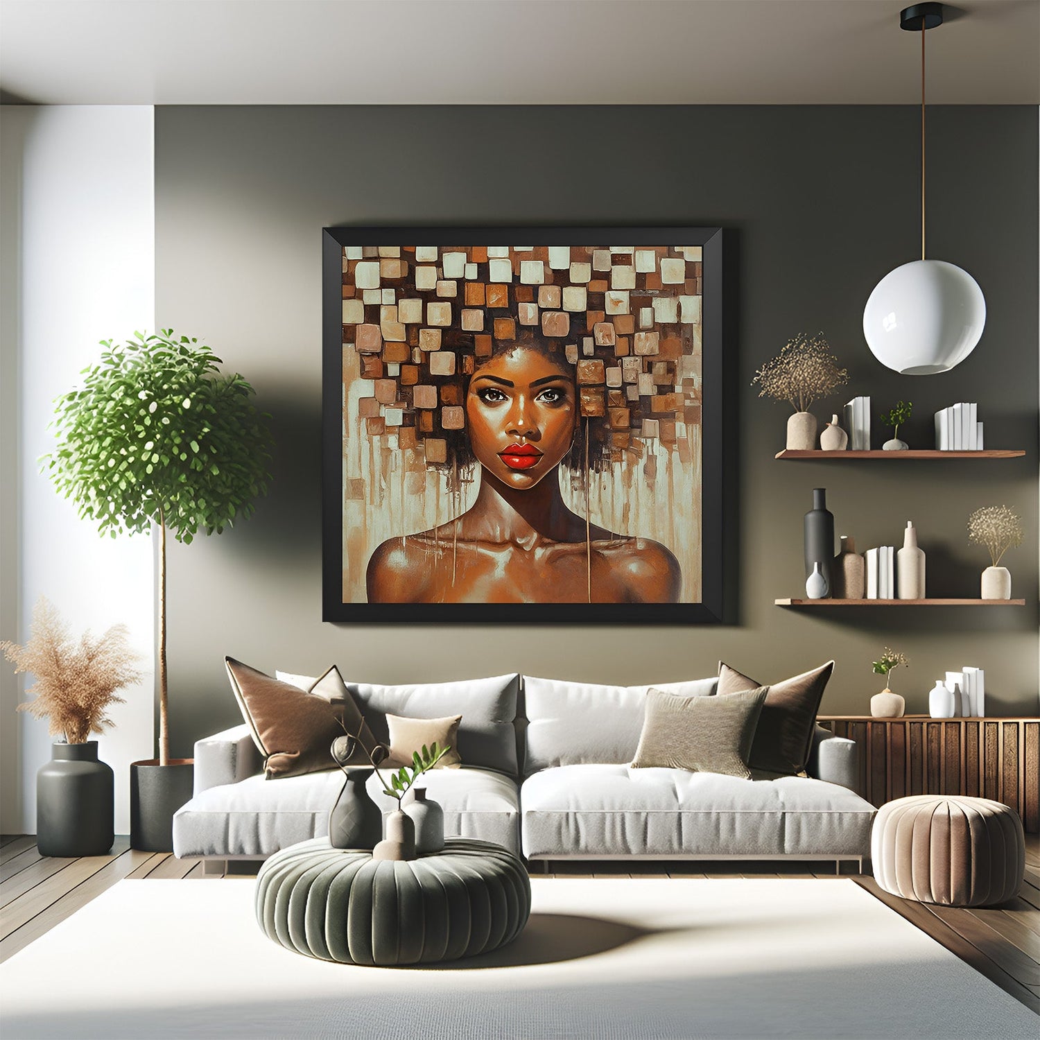 Black-framed canvas of African woman with artistic square-patterned hair—ideal for modern interiors that appreciate cultural depth and visual impact