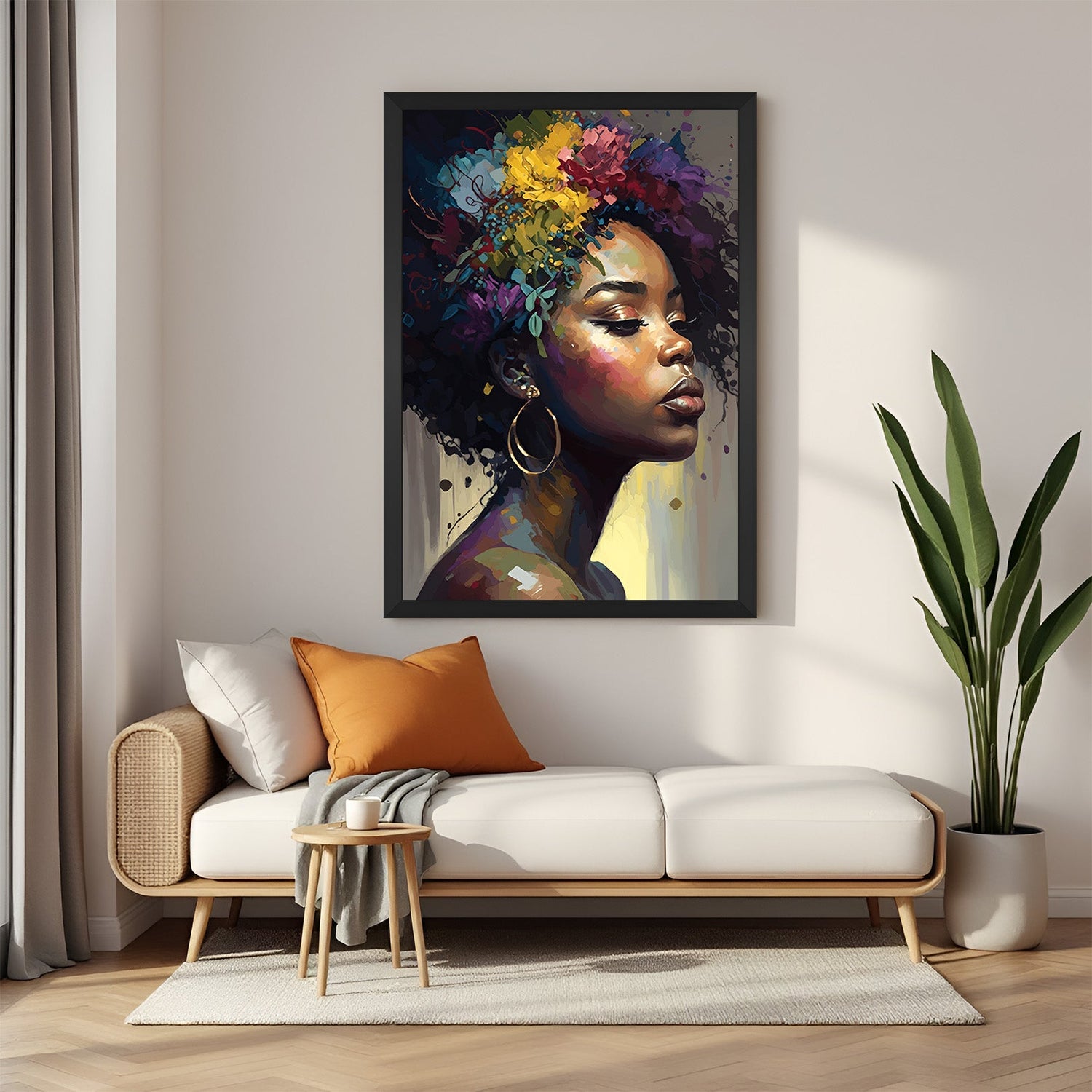 Framed canvas print showing an African girl’s side face in artistic brush strokes with a black floater frame, perfect for modern and minimal interiors