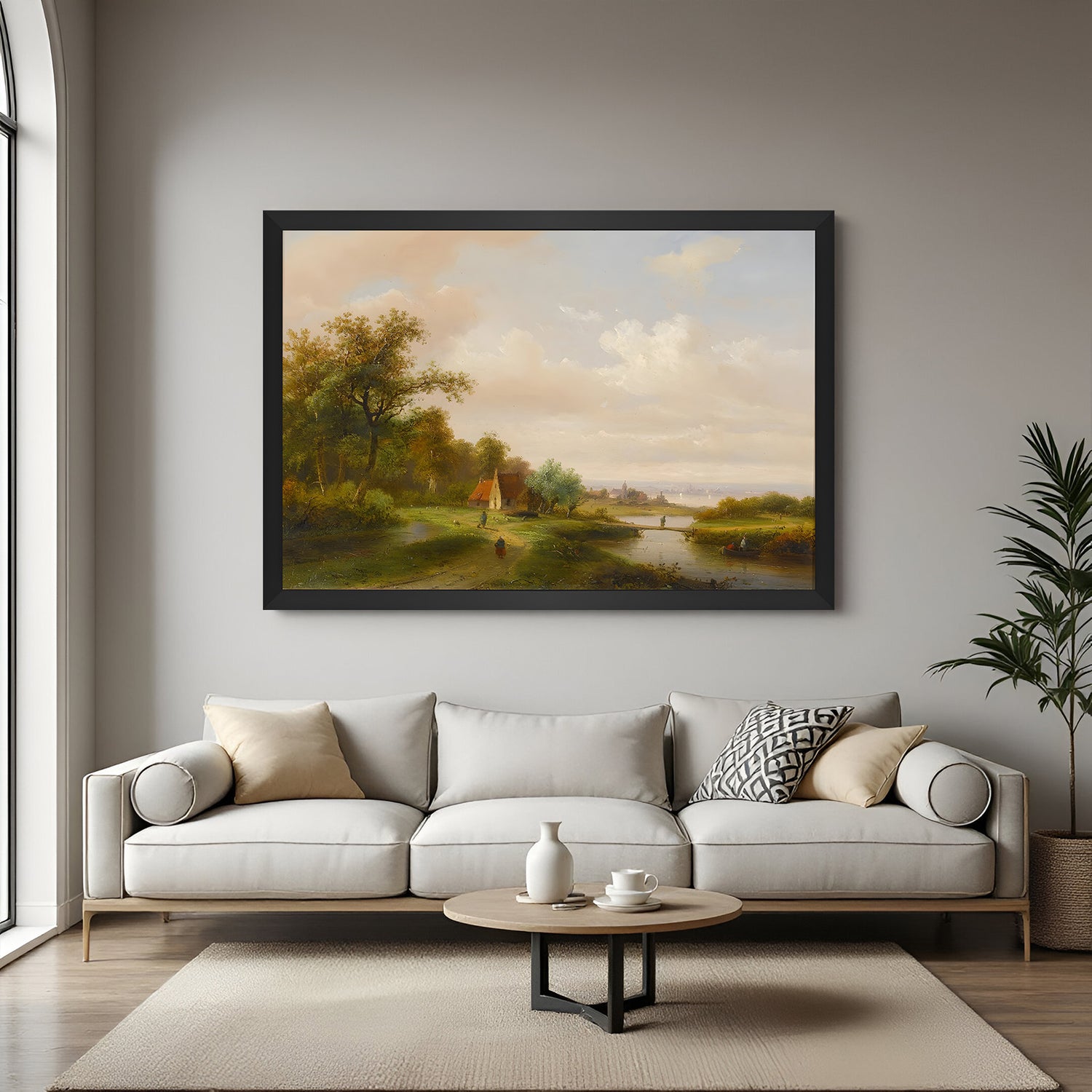 Black-framed canvas of ancient village view with aged texture and rustic countryside charm