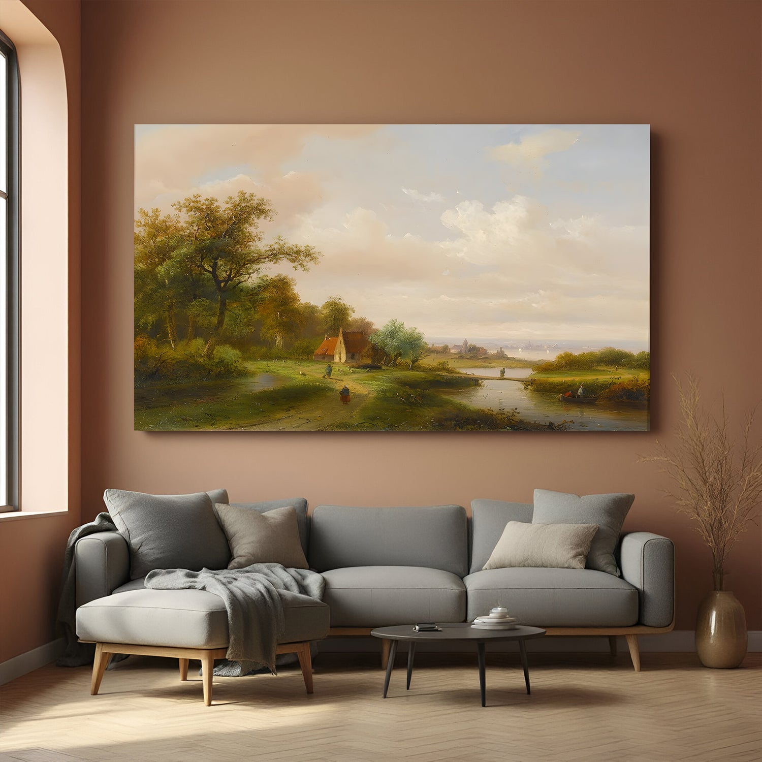 Aged village scene printed on vintage canvas—rural rustic life captured in ancient-style wall art