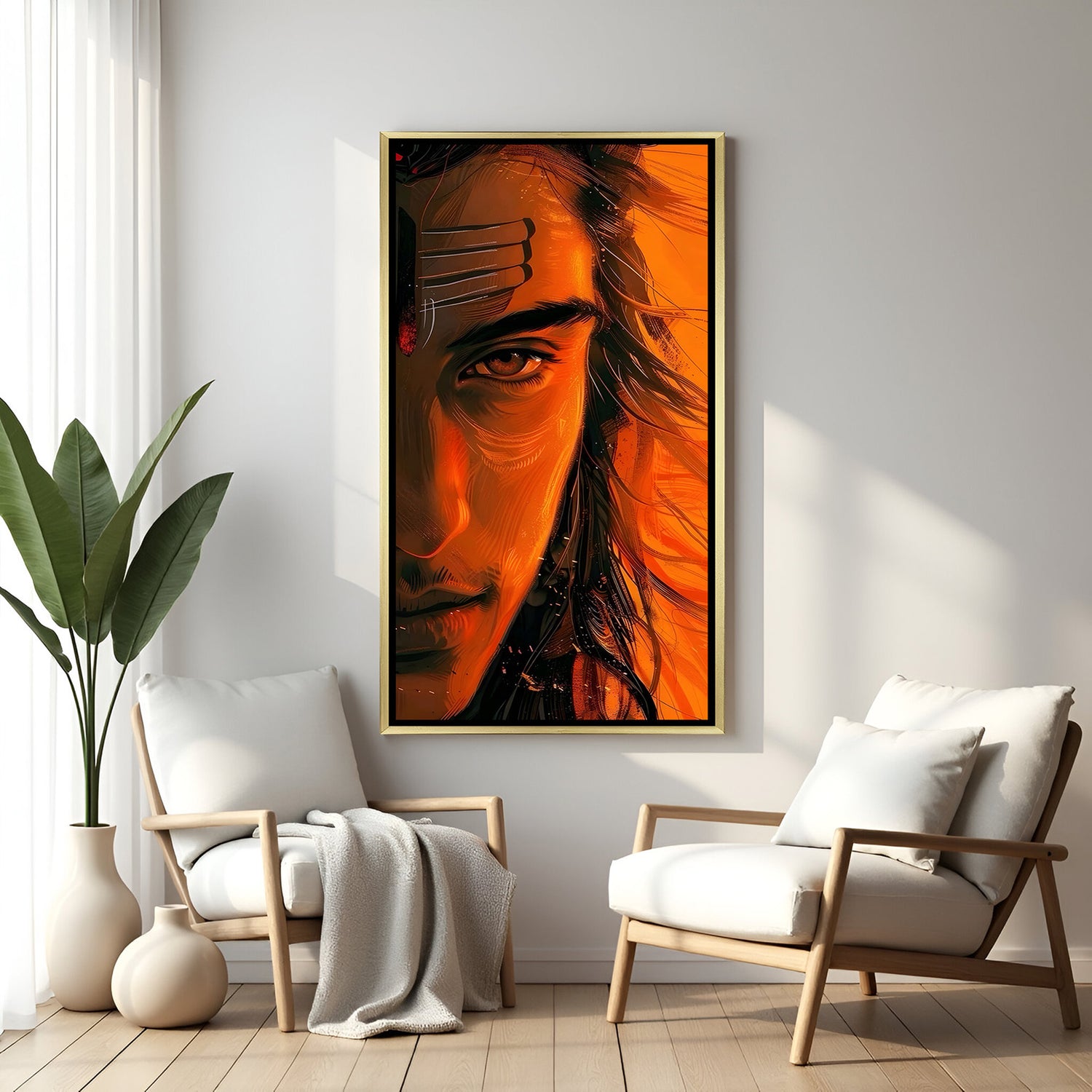 Fierce Shiva orange vertical canvas wall art with golden floater frame luxury Hindu decor India
