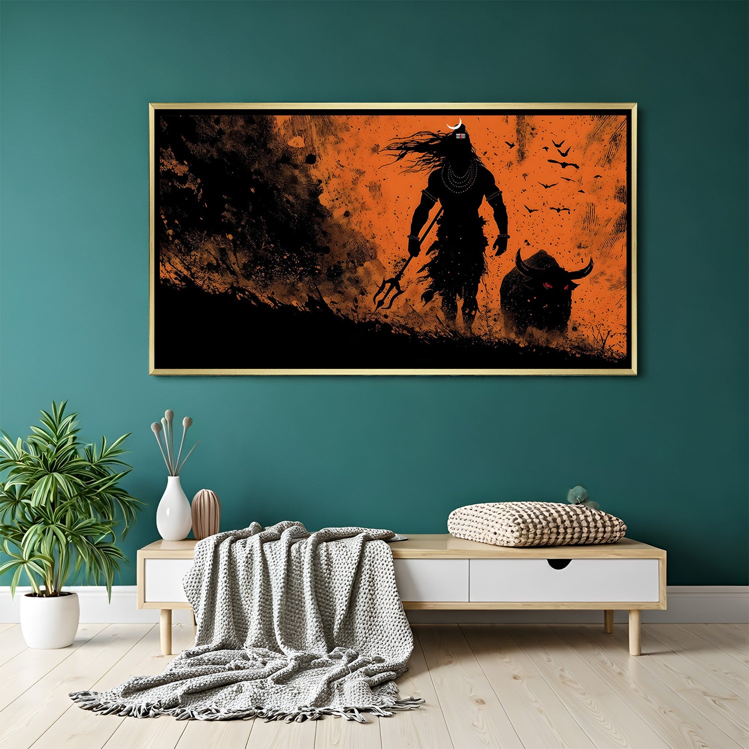 Lord Shiva and Nandi canvas painting with sacred Trishul and fiery background in luxurious golden floater frame