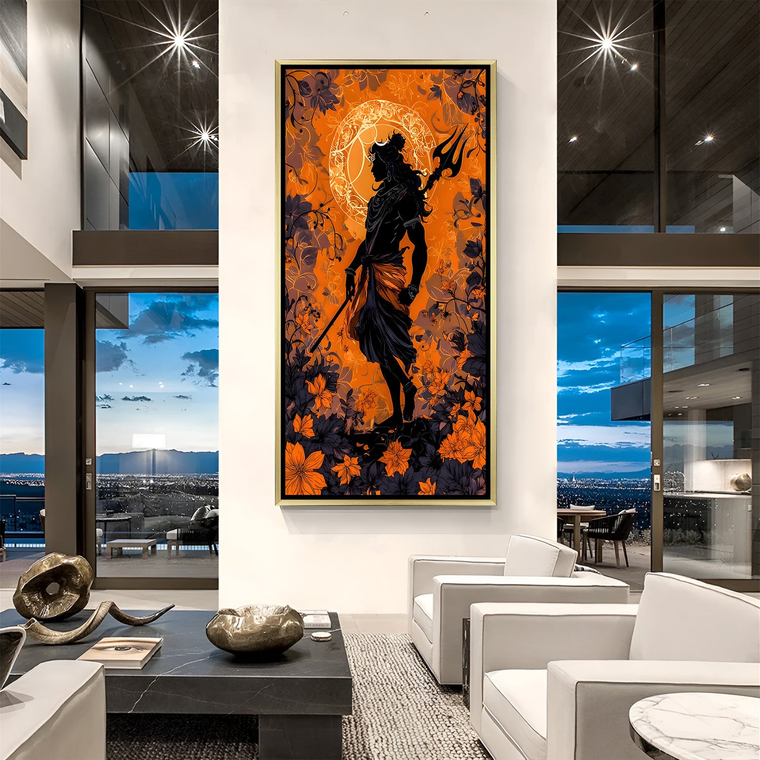Lord Shiva silhouette canvas painting with vibrant orange floral background in luxurious golden floater frame
