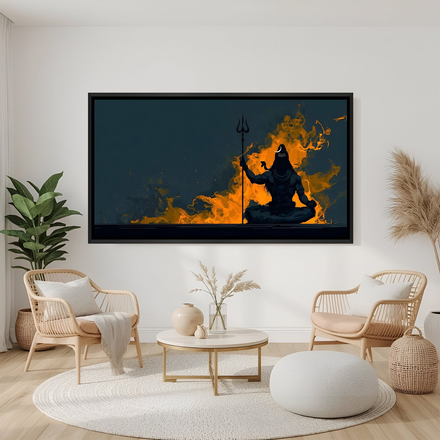 Meditating Lord Shiva with intense orange flames artwork in elegant black floater frame