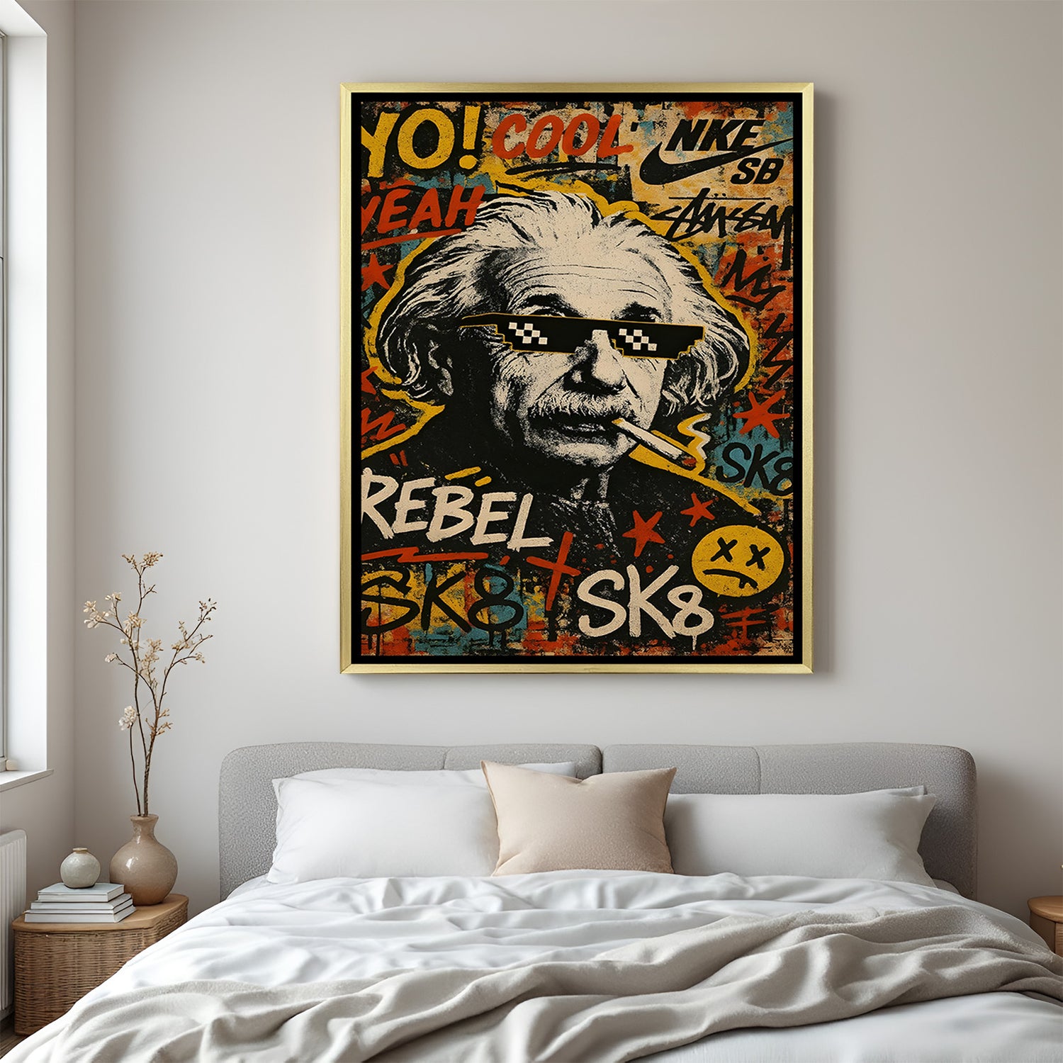 Modern Einstein face canvas artwork in luxury golden floater frame with artistic finish