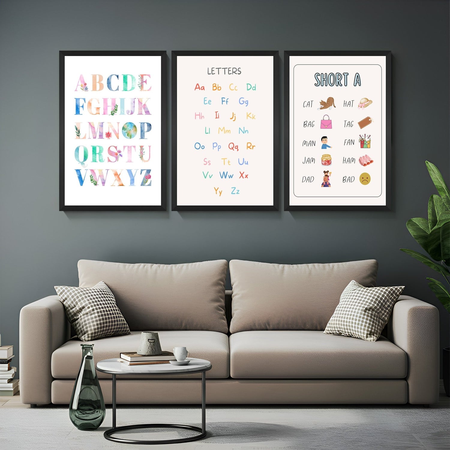 Set of 3 kids alphabet canvas wall art prints featuring A–Z letters, capital & small letters side by side, and short A words like cat, bag, jam – ideal for learning decor