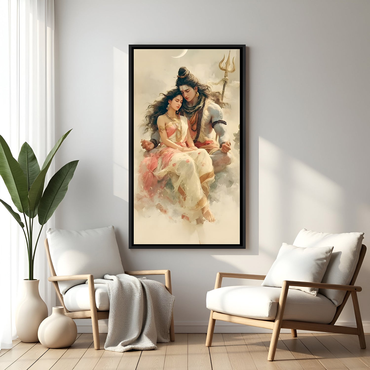 Ethereal Shiva Parvati artwork with serene cloud background in elegant black floater frame