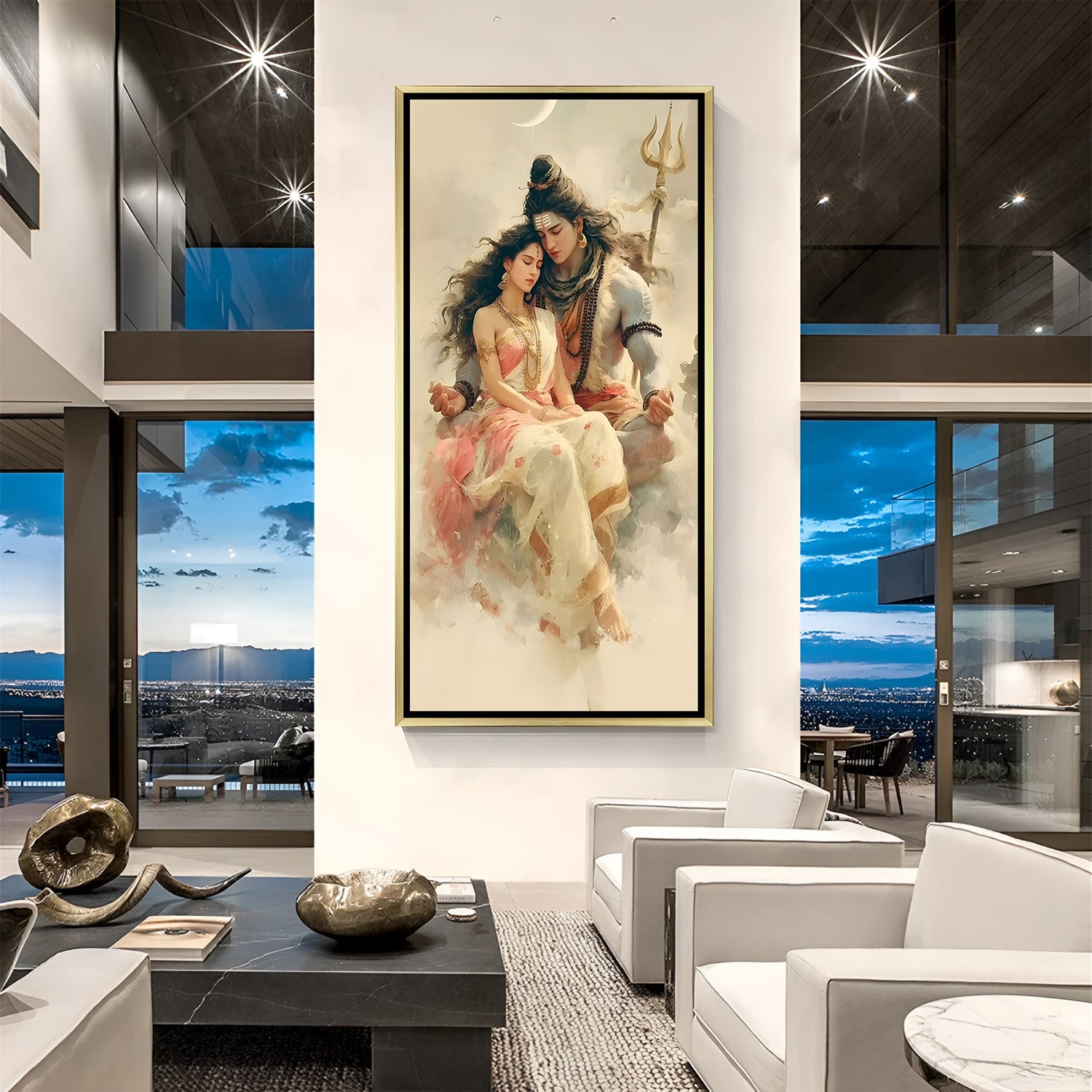 Divine Shiv Shakti canvas painting with heavenly atmosphere in luxurious golden floater frame