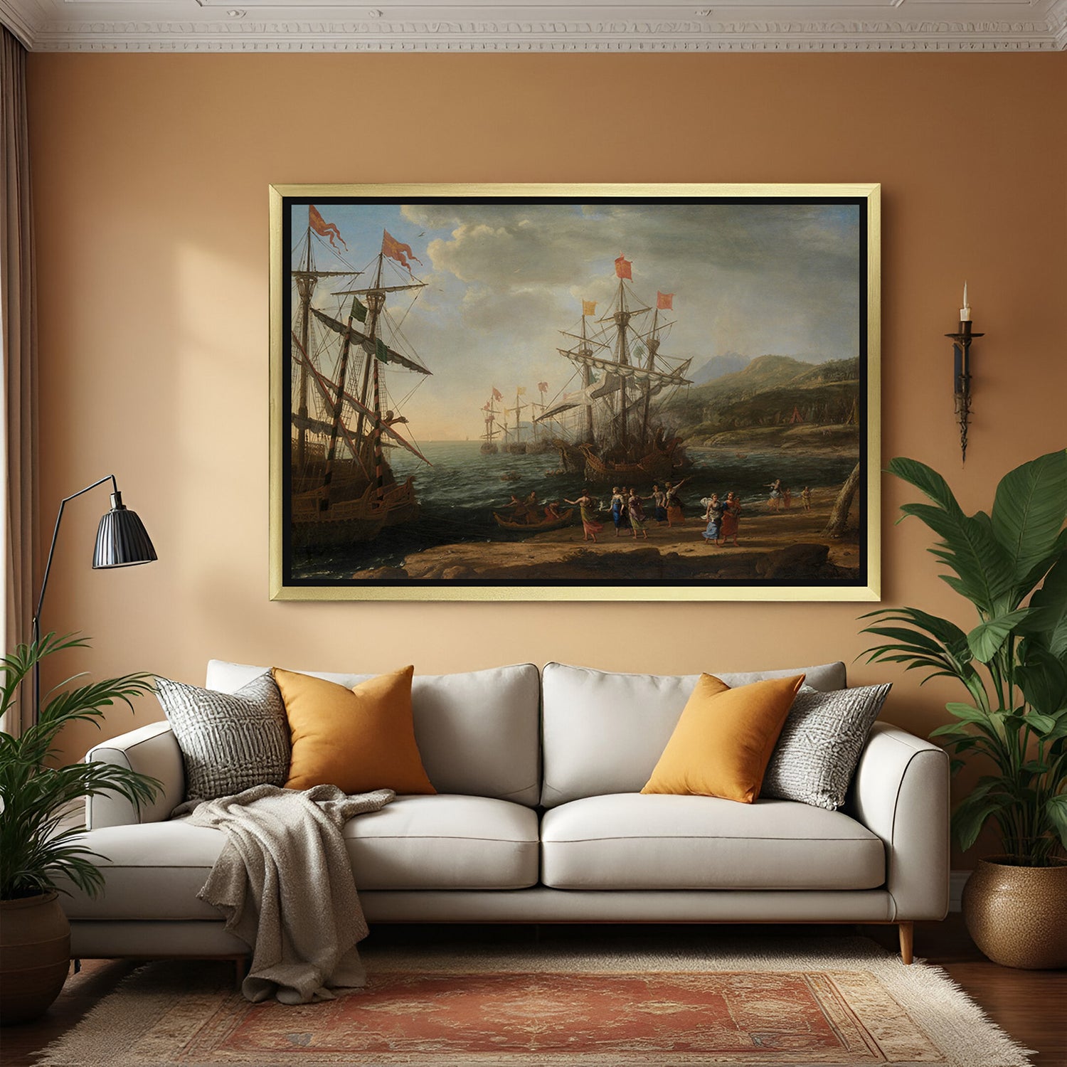 Golden-framed vintage wall art showing ancient sea battle ship and panicked villagers—aged canvas style