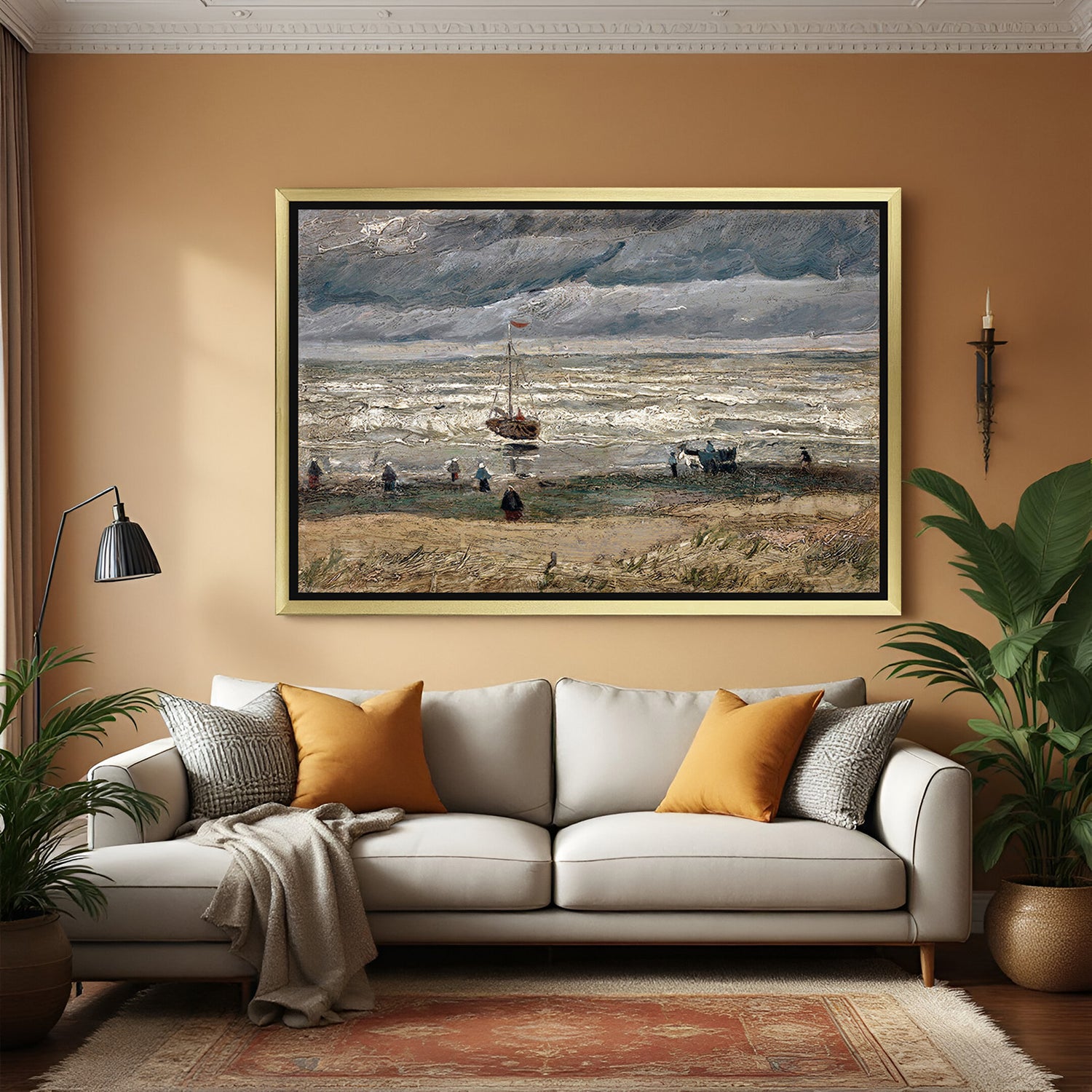 Golden-framed canvas print of ancient beach with sea, boat, and cloudy sky—vintage coastal home decor