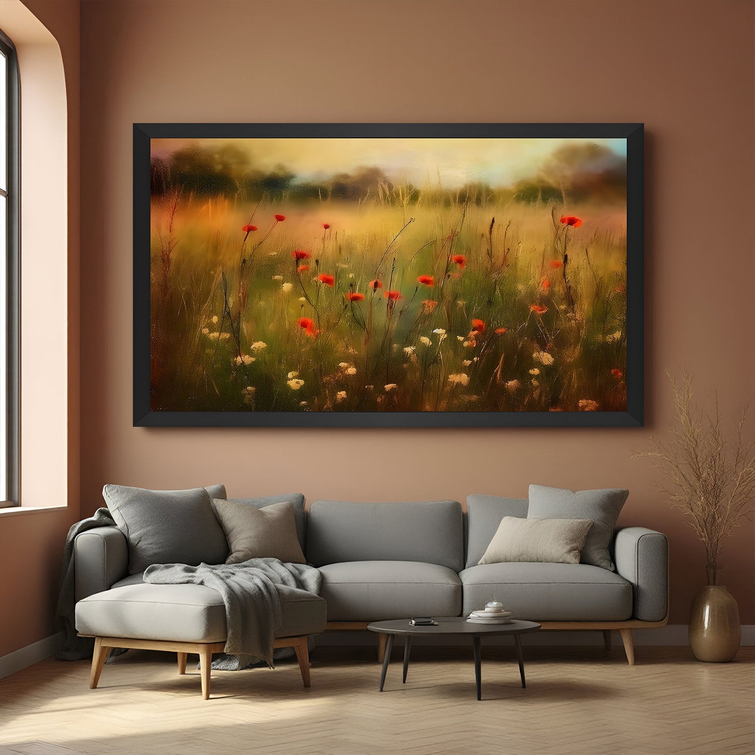 Black-framed vintage canvas of blooming garden scene—ancient-style floral wall art for classic interiors