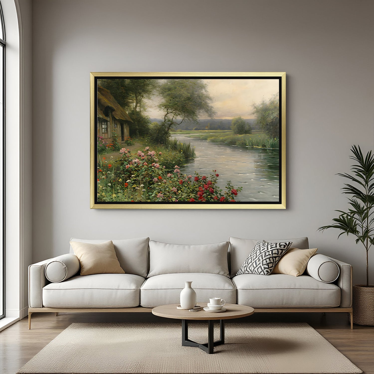Golden-framed vintage wall art of landscape with house, river, greenery, and blooming flowers—aged canvas look