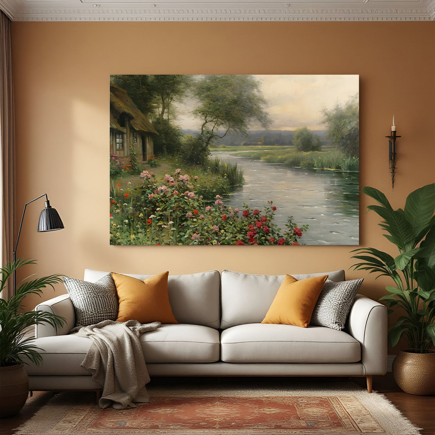 Vintage canvas wall art of house, river, greenery, and flowers with aged painting texture—ancient landscape scenery
