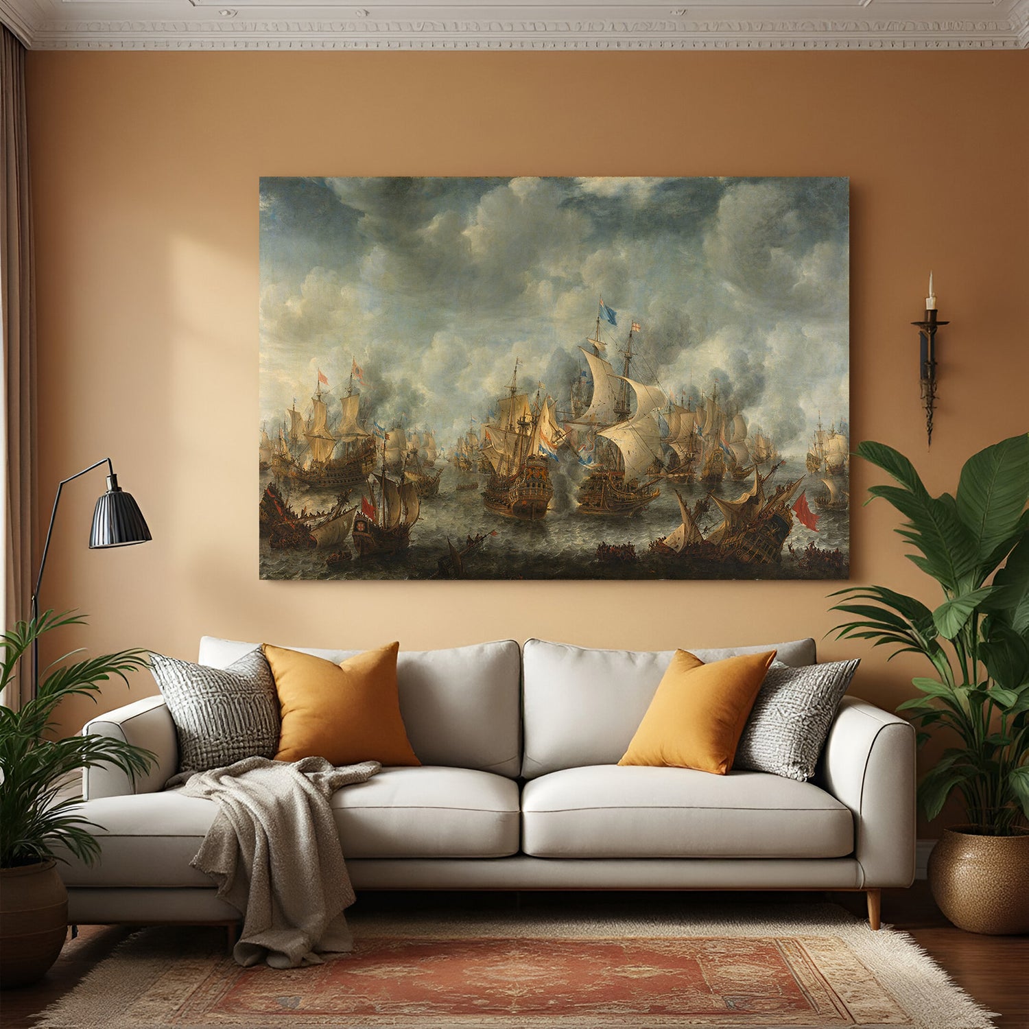 Ancient sea battle with multiple warships in combat—vintage wall art printed on aged canvas
