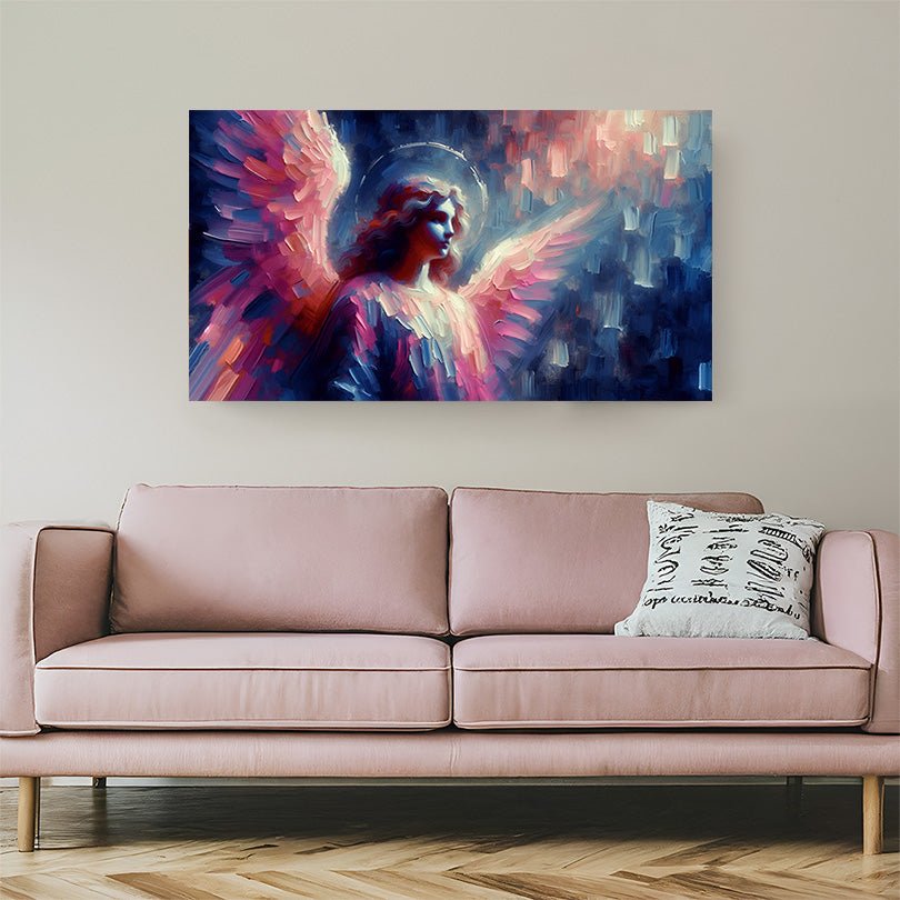 Colorful abstract painting of an angel figure with expressive brushstrokes, modern canvas wall art for spiritual home decor