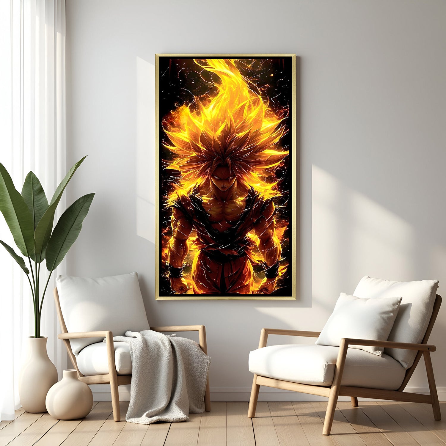 Angry Goku Dragon Ball Z wall art in luxury golden floater frame with yellow anime design