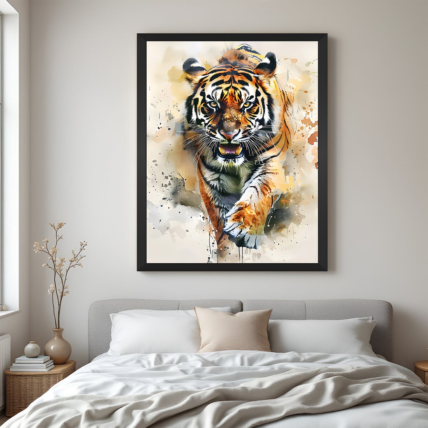 Fierce tiger canvas painting in black floater frame, ideal for gym walls, executive rooms, or power-themed decor setups