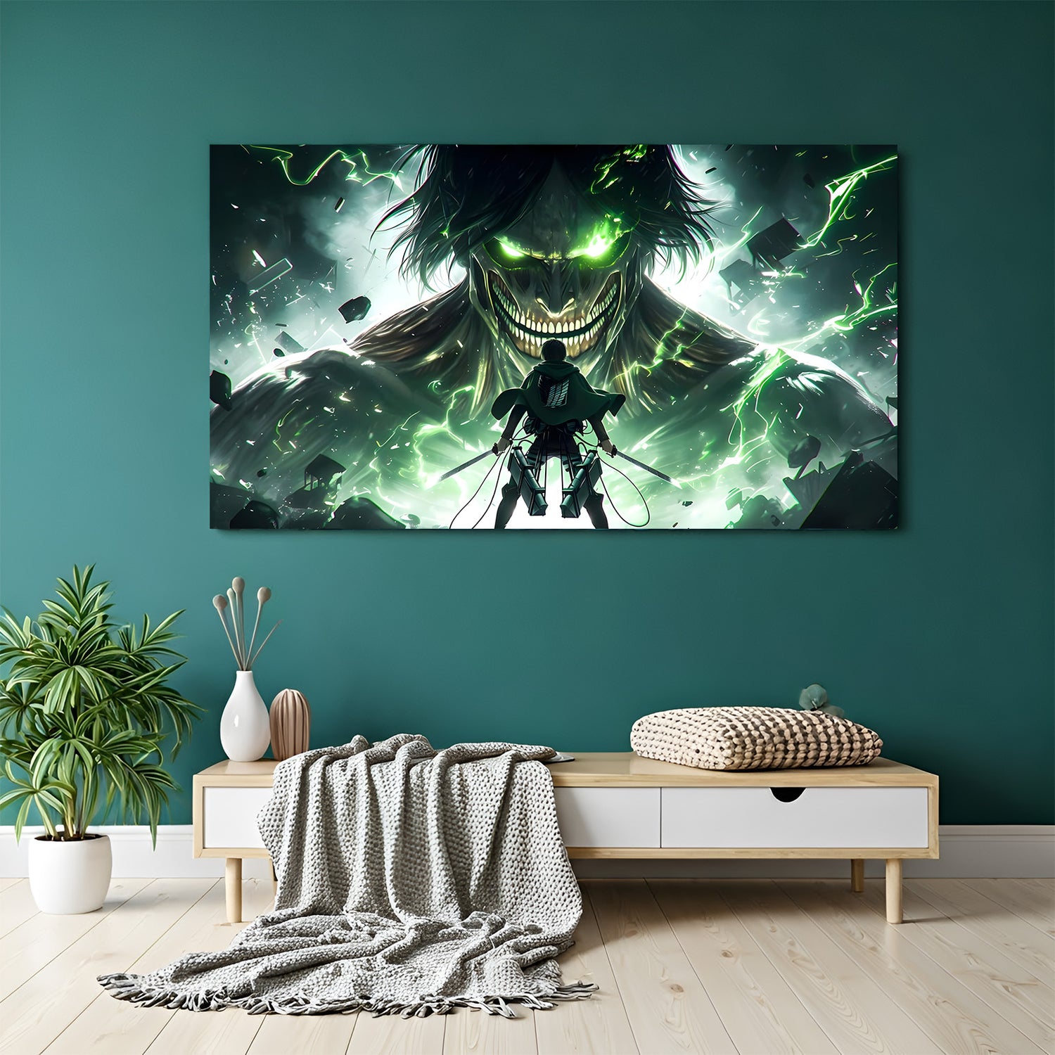 Anime titan battle canvas wall art with glowing green energy and warrior