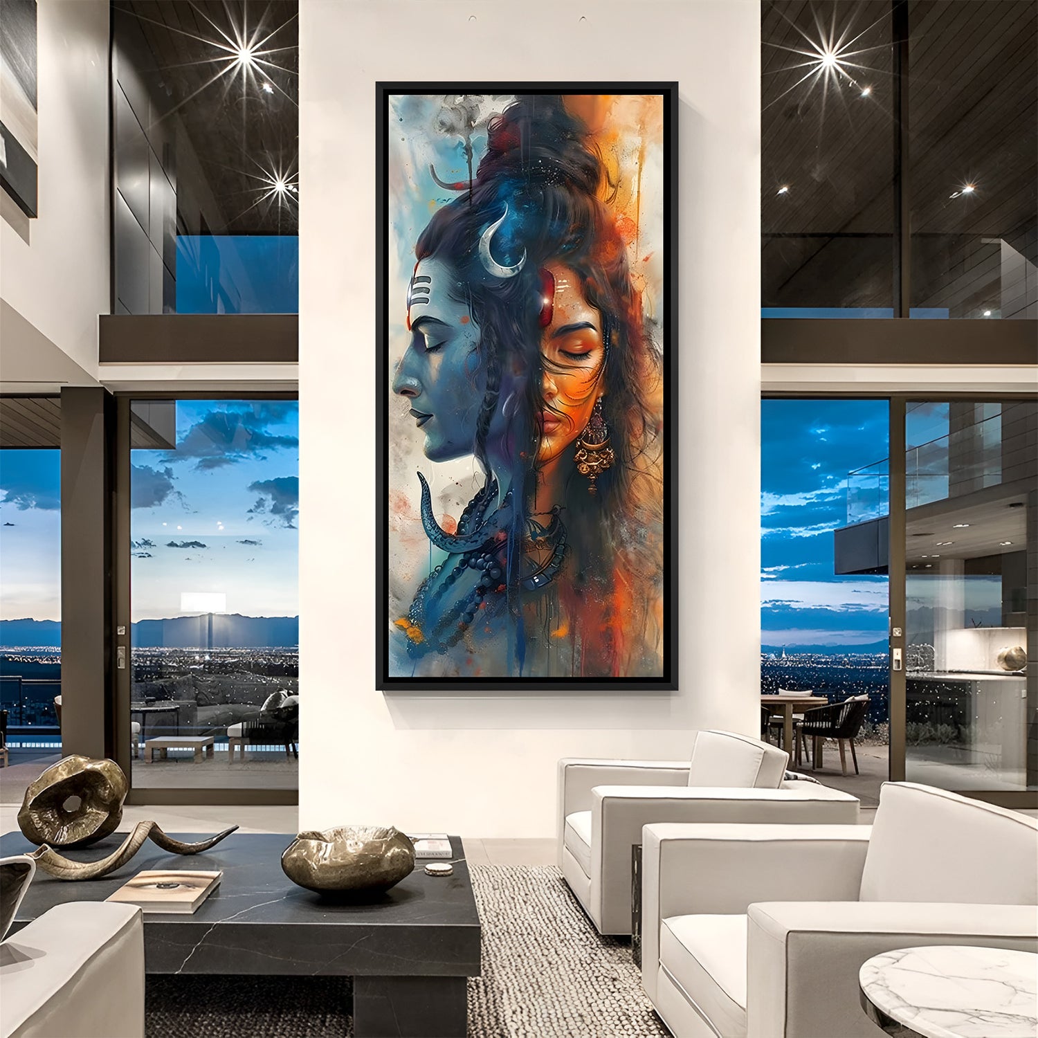 Shiva Shakti Ardhanarishvara portrait in black floater frame modern Hindu wall art India
