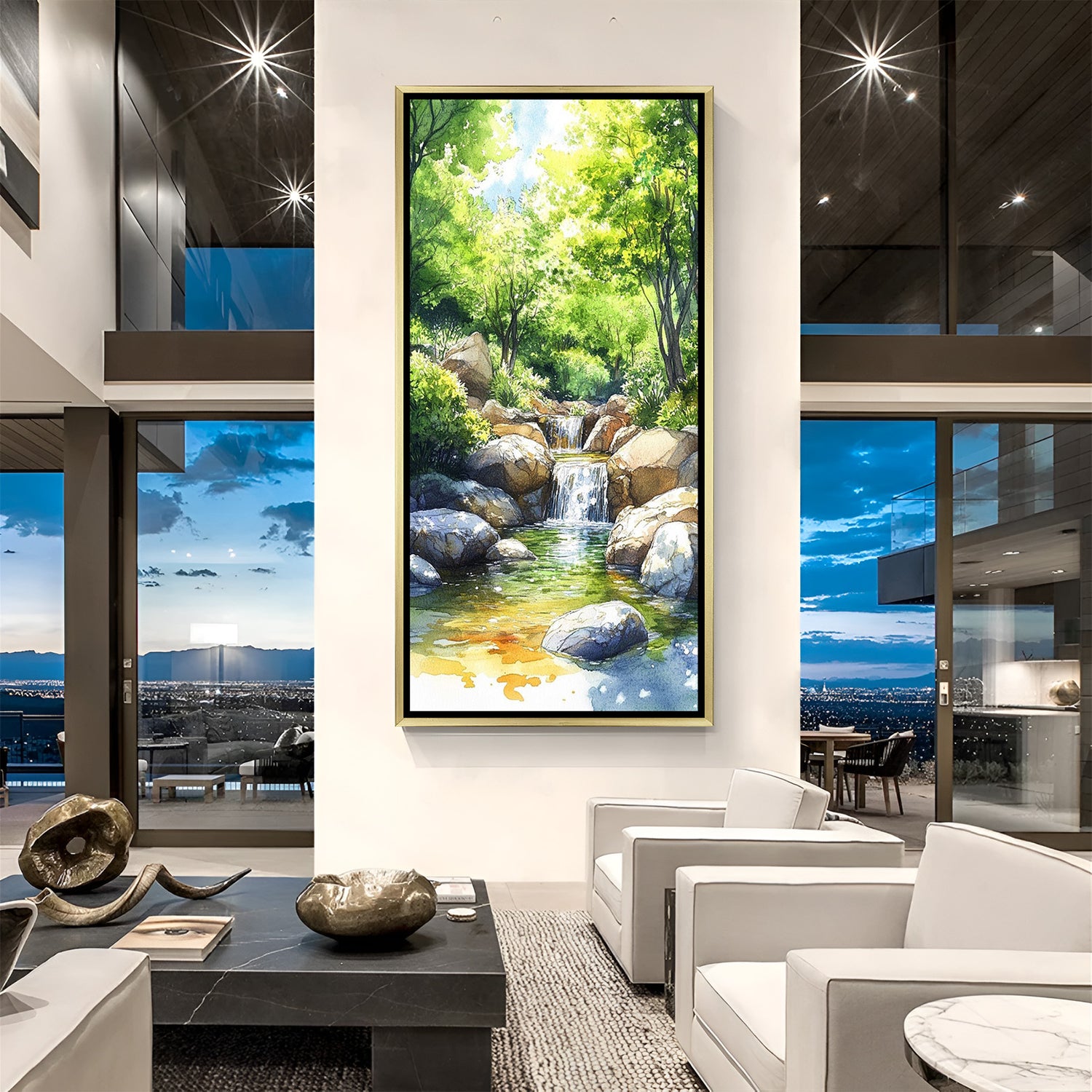 Artistic Waterfall Hand Painting in Golden Floater Frame | Vastu Canvas Wall Art