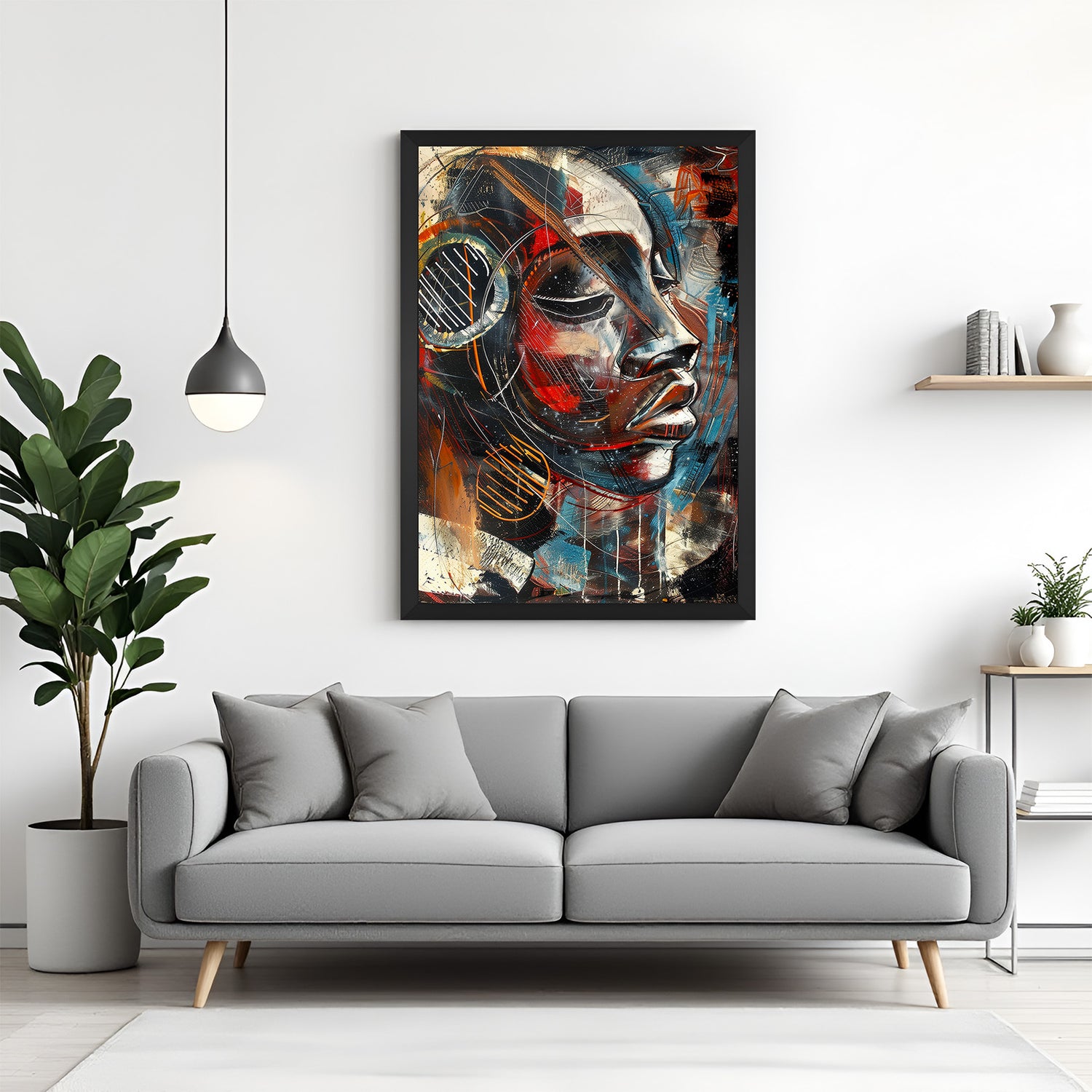 Framed canvas showing African astronaut portrait with helmet in sleek digital style, black floater frame for contemporary decor